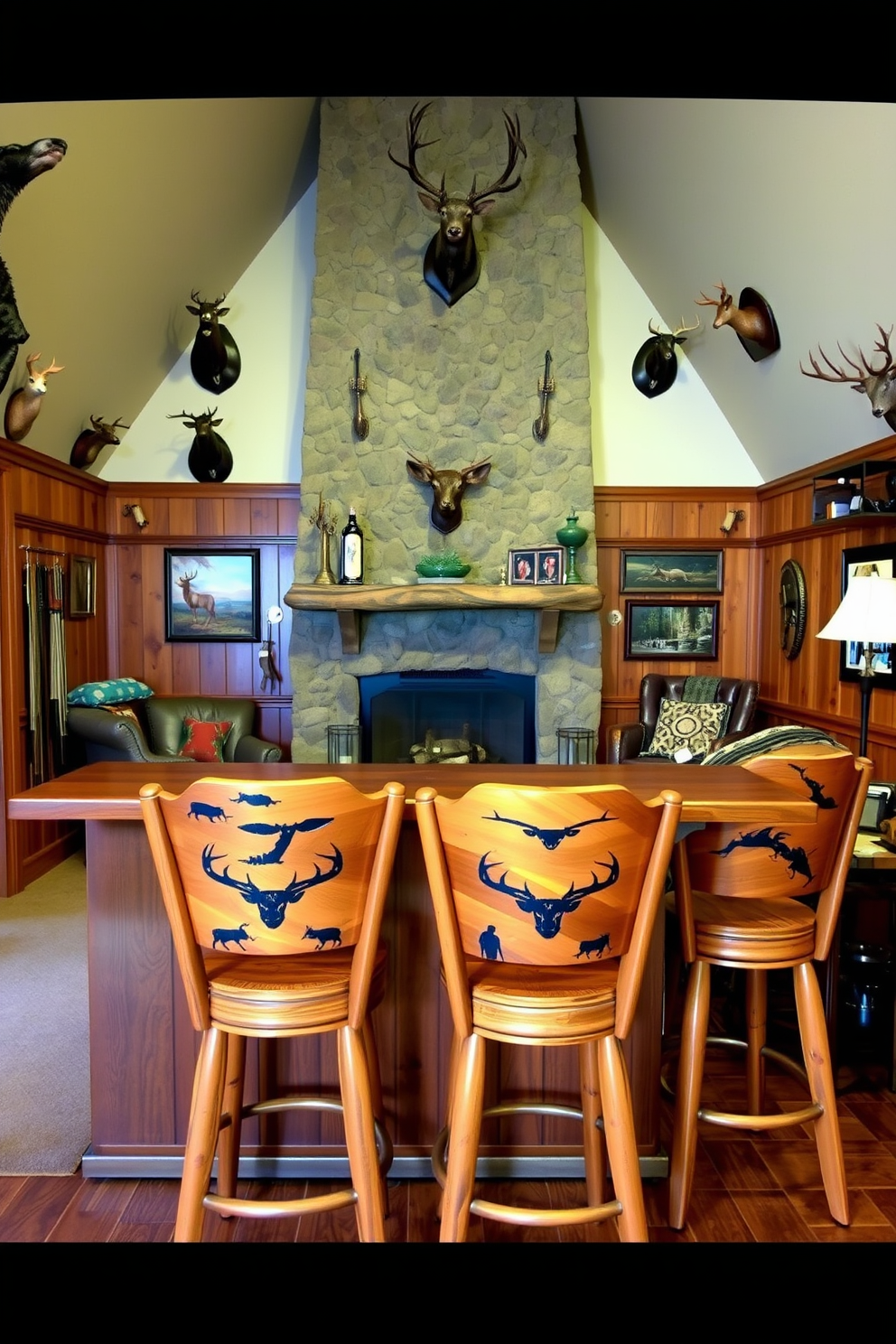 A cozy man cave designed for relaxation and entertainment. The space features wooden bar stools adorned with hunting motifs, creating a rustic yet inviting atmosphere. Rich wooden paneling lines the walls, complemented by a stone fireplace that serves as the focal point of the room. Various hunting-themed decor items, including mounted trophies and vintage hunting gear, enhance the theme throughout the space.