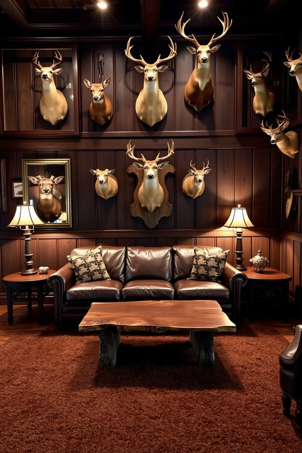 A rustic man cave featuring elegant taxidermy display cases that showcase various mounted game heads. The walls are adorned with dark wood paneling, and the floor is covered with a plush, deep brown carpet to enhance the cozy atmosphere. In the center, a large leather sofa invites relaxation, complemented by a handcrafted coffee table made from reclaimed wood. Soft lighting from vintage-style lamps casts a warm glow, highlighting the intricate details of the taxidermy pieces and creating a welcoming retreat for hunting enthusiasts.