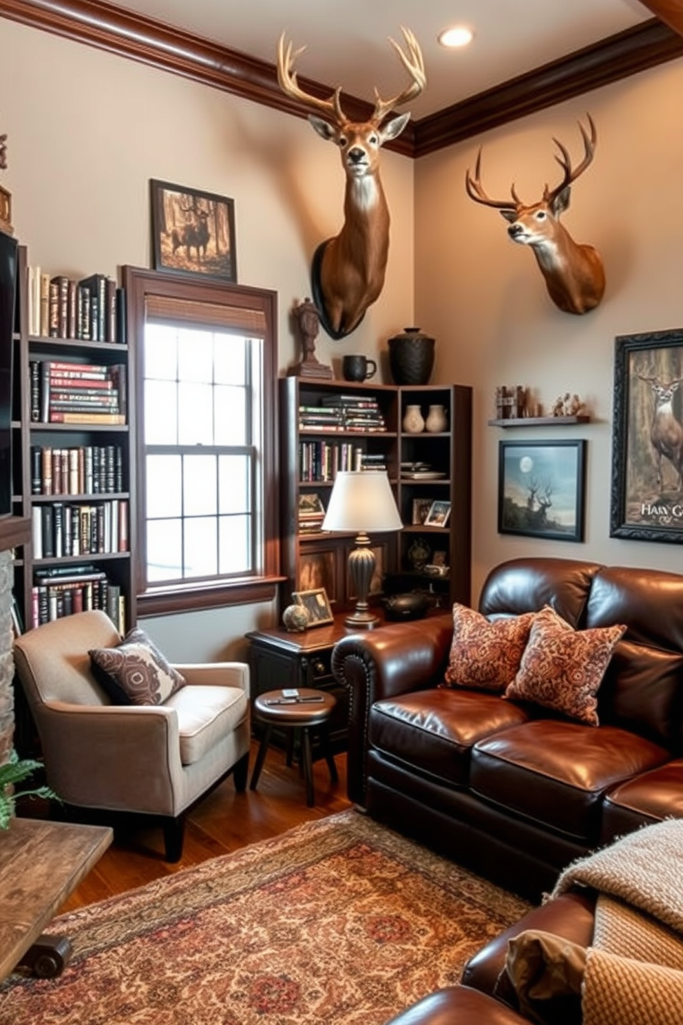 A cozy reading nook is nestled in a corner featuring a plush armchair and a small side table. The walls are lined with shelves filled with hunting books and rustic decor elements. The man cave design includes a large leather sofa and a mounted deer head as a focal point. Warm lighting and wooden accents create an inviting atmosphere perfect for relaxation and conversation.