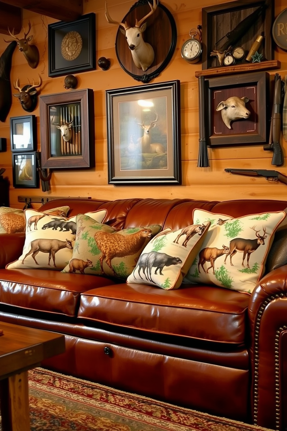 A cozy man cave featuring a rustic leather sofa adorned with hunting-themed throw pillows showcasing various wildlife patterns. The walls are decorated with framed hunting trophies and vintage outdoor gear, creating an inviting atmosphere for relaxation and camaraderie.