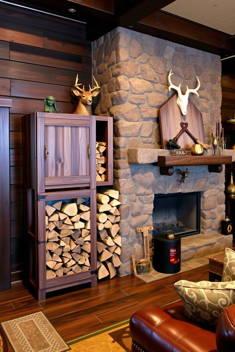 A rustic firewood storage unit seamlessly integrated into the design of a hunting man cave. The room features dark wood paneling, a large stone fireplace, and comfortable leather seating, creating a warm and inviting atmosphere. The firewood storage is built into the wall beside the fireplace, showcasing neatly stacked logs for easy access. Accents of camouflage patterns and hunting memorabilia adorn the space, enhancing the overall theme.