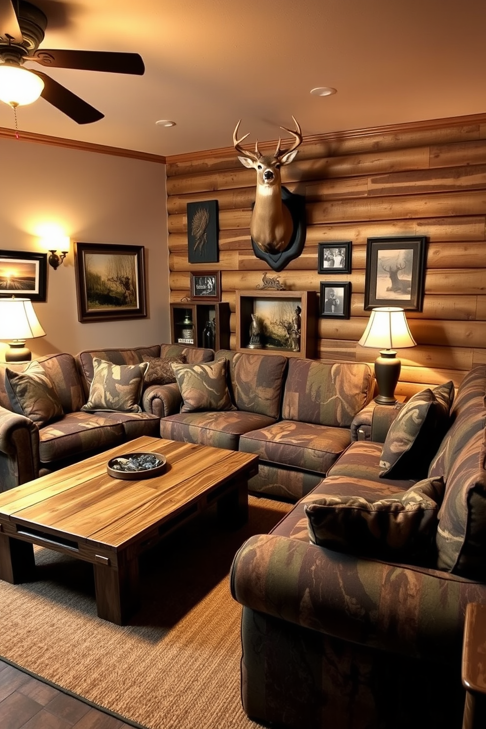 A rustic man cave featuring hunting-themed artwork on the walls. The space includes a large leather sofa, a wooden coffee table, and a mounted deer head as a focal point. The walls are adorned with framed prints of various hunting scenes and vintage hunting gear. A cozy fireplace adds warmth, and a bar area with high stools completes the inviting atmosphere.