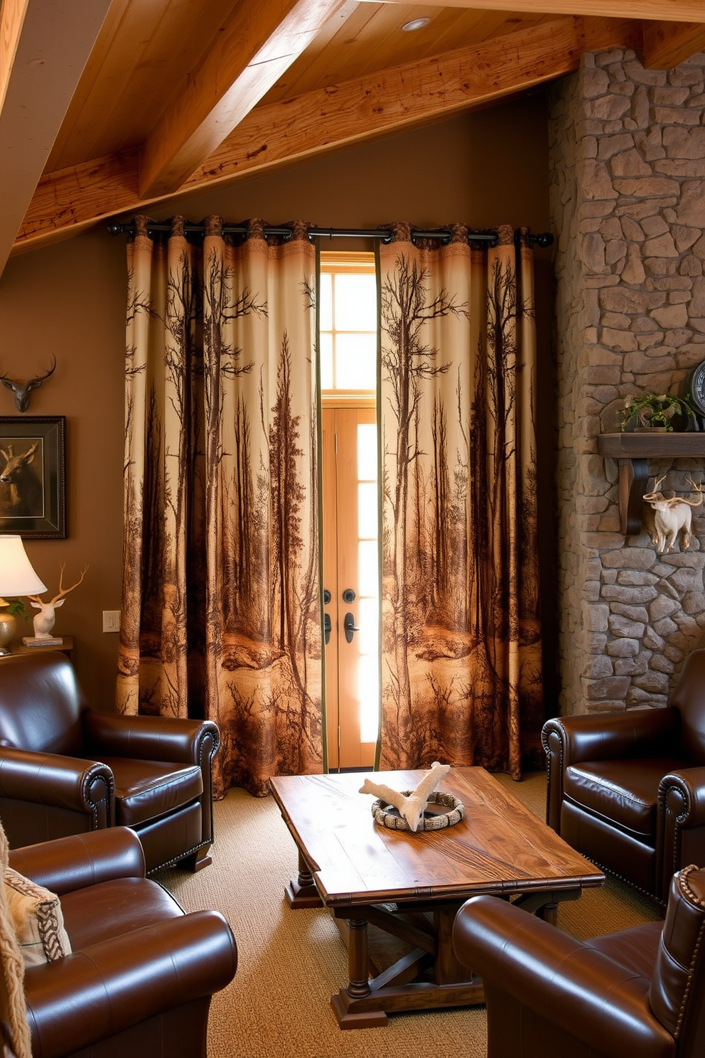 Outdoor-themed curtains in a rustic setting. The curtains feature a nature-inspired print with trees and wildlife, complementing the wooden beams and stone walls of the man cave. Cozy seating arrangements with leather armchairs and a reclaimed wood coffee table. The space is adorned with hunting memorabilia and soft lighting to create a warm and inviting atmosphere.