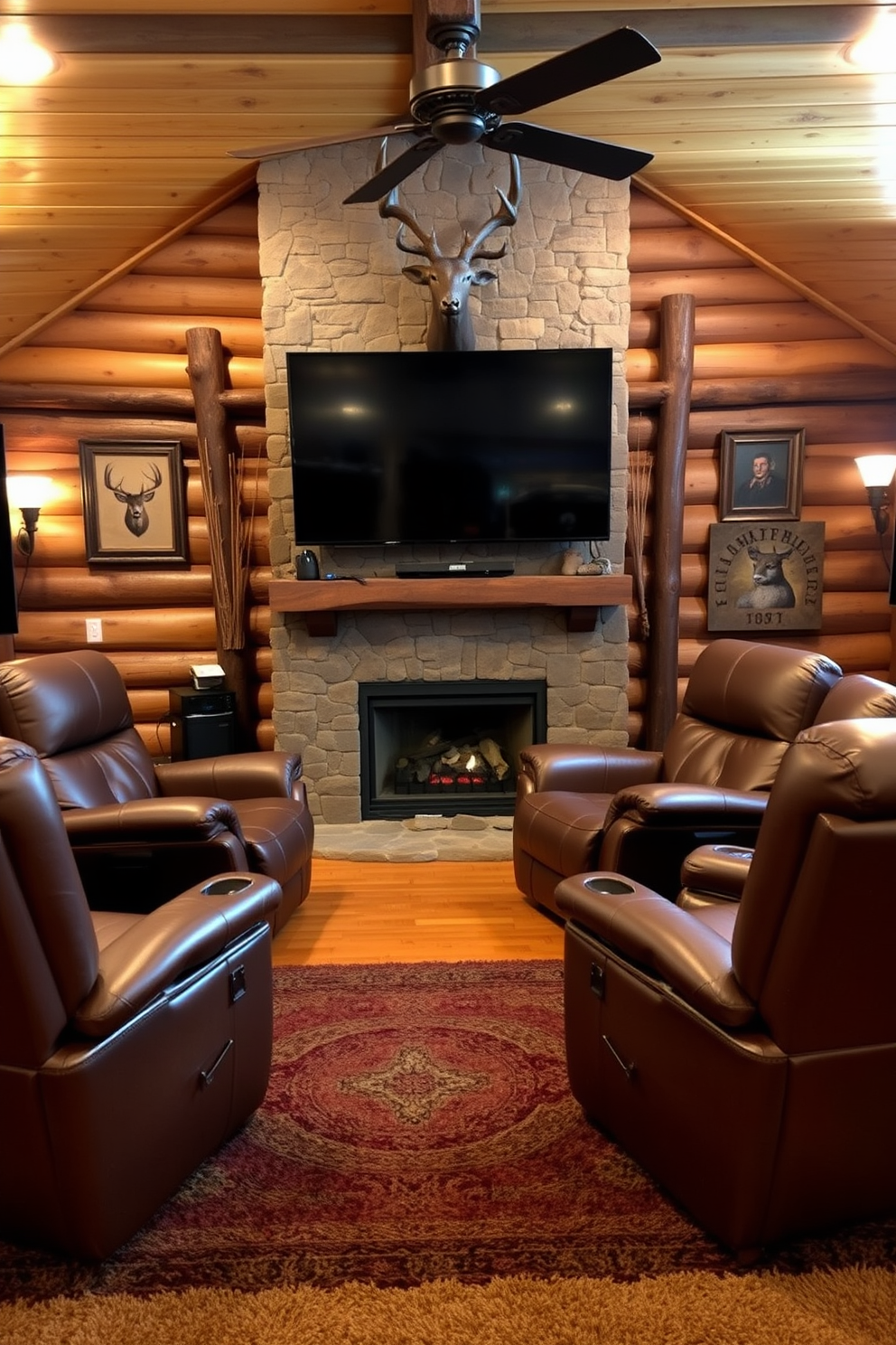 A cozy man cave designed around vintage hunting gear as decor pieces. The walls are adorned with framed antique hunting photographs and rustic wooden shelves showcasing vintage rifles and trophies. A leather sofa sits in the center, complemented by a reclaimed wood coffee table adorned with hunting-themed books. A warm color palette of deep greens and browns creates an inviting atmosphere, while soft lighting highlights the decor.