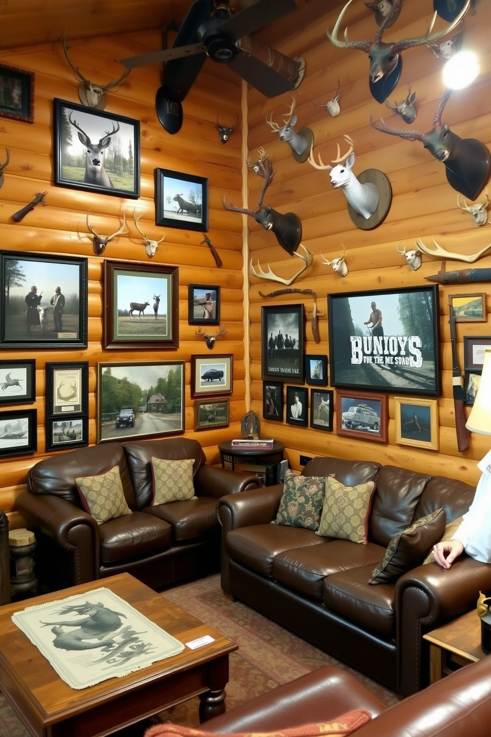 A cozy man cave designed with a hunting theme features rustic wooden walls adorned with various hunting-themed wall art and prints. The decor includes framed photographs of hunting trips, mounted deer antlers, and vintage hunting gear displayed creatively throughout the space. The seating area is designed with comfortable leather couches and a wooden coffee table, surrounded by nature-inspired decor elements. Soft lighting fixtures create a warm ambiance, enhancing the overall hunting lodge atmosphere of the man cave.