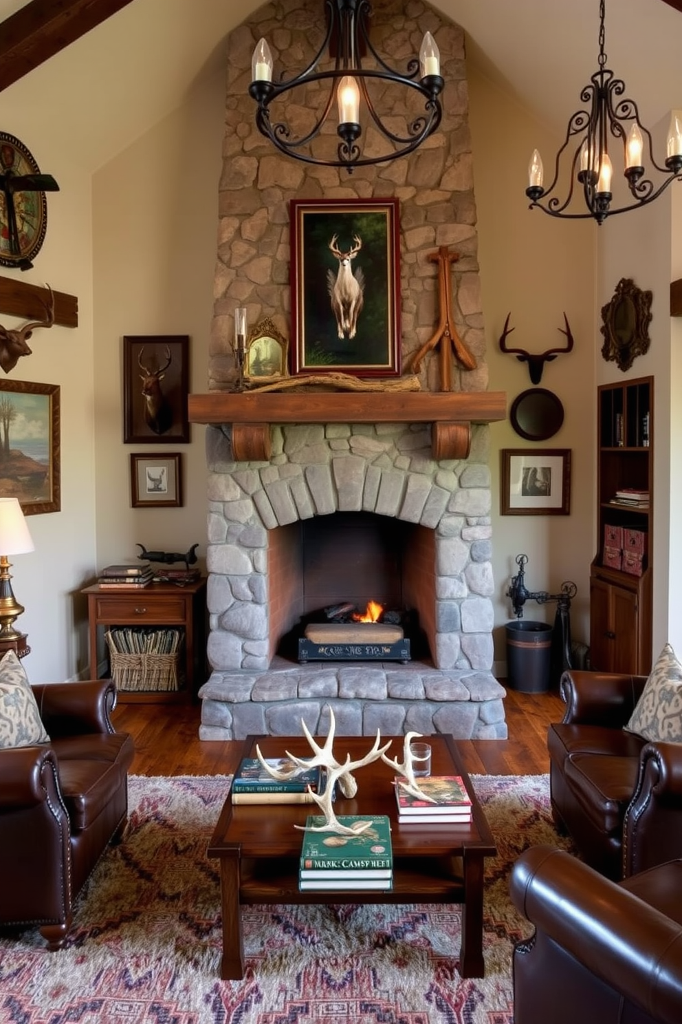 A rustic stone fireplace serves as the focal point of the room, surrounded by comfortable leather armchairs and a plush area rug. The walls are adorned with hunting memorabilia and nature-themed artwork, creating a warm and inviting atmosphere. In the corner, a wooden coffee table displays a selection of vintage hunting books and decorative antlers. Soft lighting from wrought iron fixtures enhances the cozy ambiance, making it the perfect retreat for relaxation and conversation.