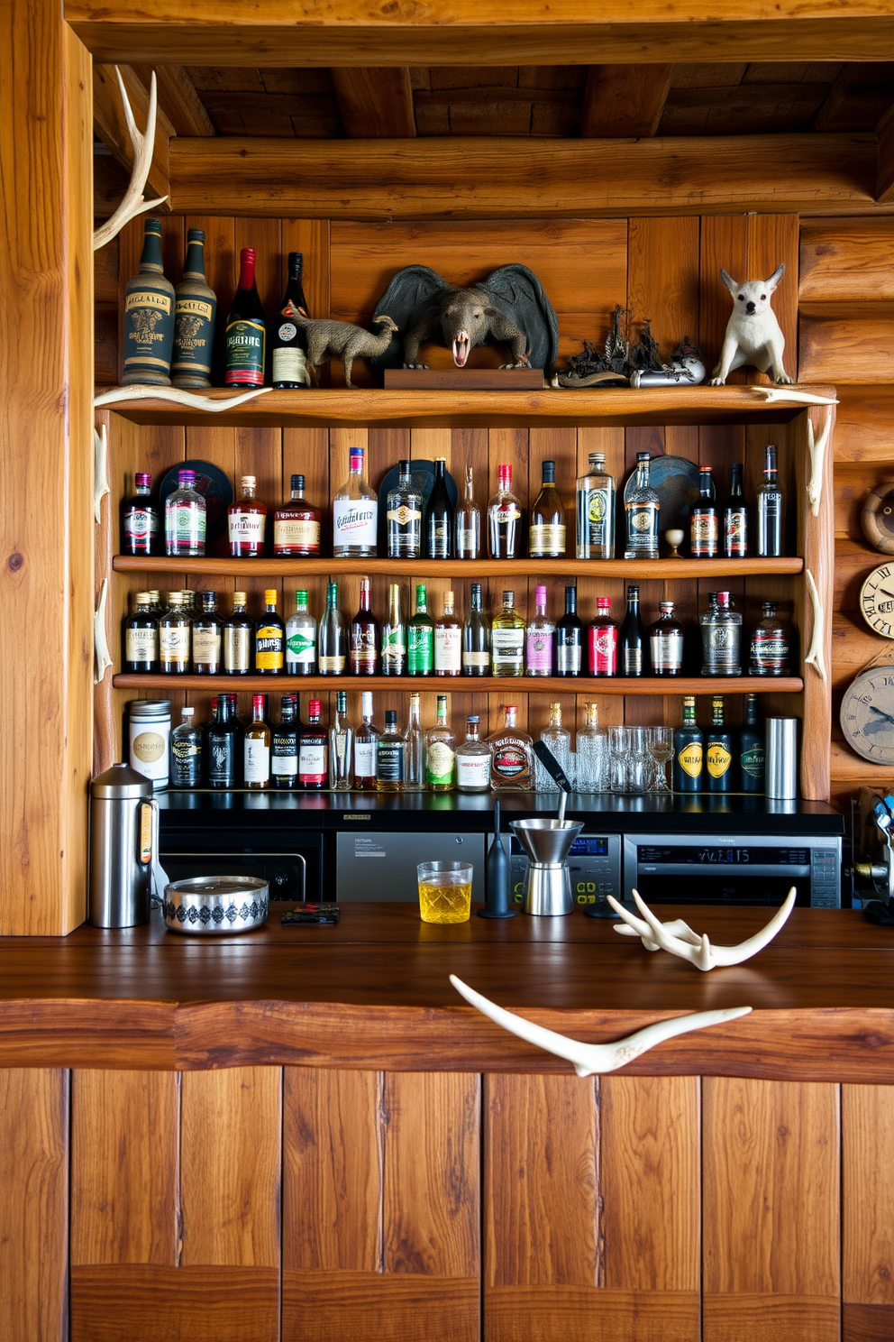 A rustic bar area designed for a hunting enthusiast. The wooden bar is adorned with antler accents and features a selection of hunting-themed cocktails displayed on shelves lined with vintage hunting memorabilia.