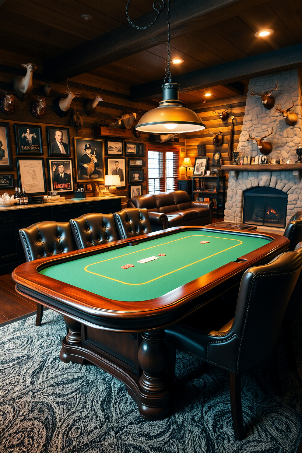 A game table designed for poker and cards. The table features a rich mahogany finish with green felt and comfortable leather chairs surrounding it. The room is decorated with vintage poker posters and framed photographs of famous card players. A plush area rug lies underneath the table, and dim lighting creates an intimate atmosphere. A hunting-themed man cave that embodies rustic charm. The walls are adorned with mounted trophies and hunting gear, complemented by a leather sofa and a wooden coffee table. Warm lighting highlights the natural wood finishes and a stone fireplace serves as a focal point. A bar area stocked with whiskey and hunting memorabilia adds to the inviting ambiance.