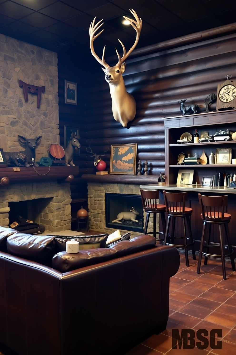 A rustic man cave featuring a mounted deer head as the focal point. The walls are adorned with dark wood paneling, and a large leather sofa sits in front of a stone fireplace. In one corner, a wooden bar with high stools invites relaxation. Vintage hunting memorabilia decorates the shelves, adding character to the space.