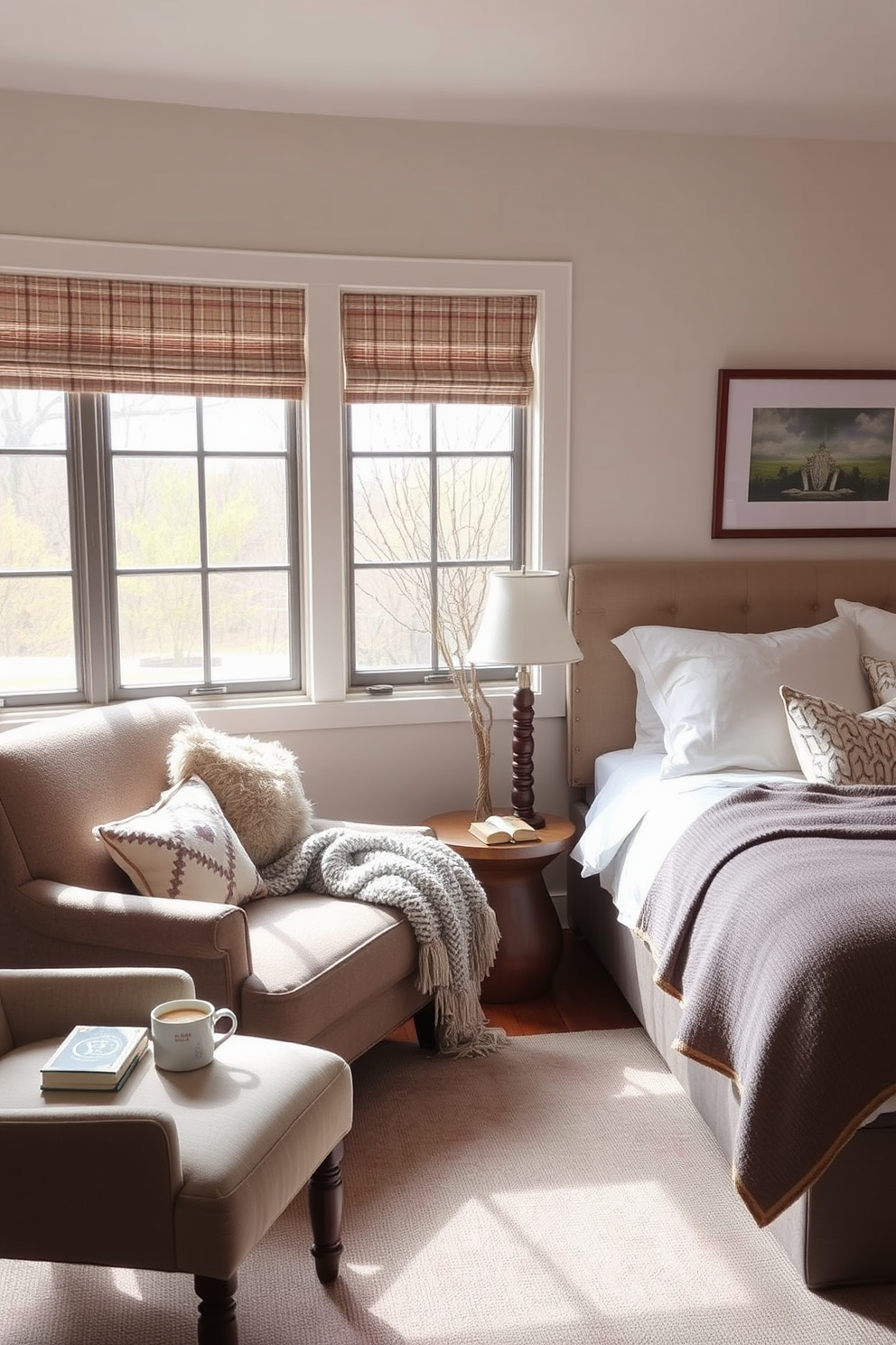 Cozy reading nook by the window. A plush armchair is positioned next to a large window, allowing natural light to flood the space. A small side table holds a stack of books and a steaming cup of tea. Soft, textured throw blankets are draped over the armchair, creating an inviting atmosphere. In-Law bedroom design ideas. The room features a comfortable queen-sized bed with soft linens and an assortment of decorative pillows. A cozy seating area with two chairs and a small table sits in the corner, providing a perfect spot for relaxation or conversation.