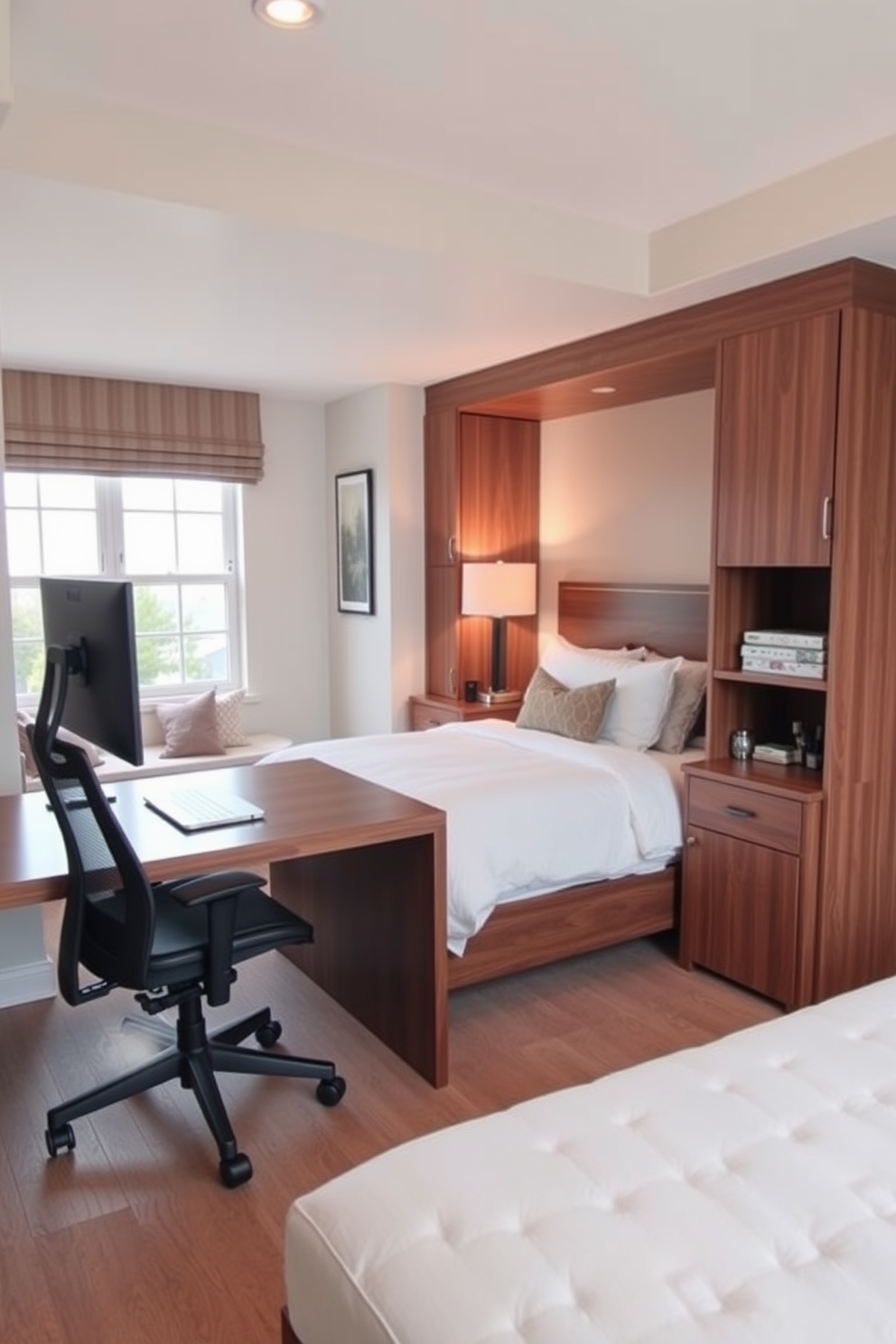 A functional desk for work or hobbies. The desk features a sleek wooden surface with built-in storage compartments and a comfortable ergonomic chair. In-Law bedroom design ideas. The room includes a cozy queen-sized bed with soft linens, a bedside table with a reading lamp, and a small seating area by the window for relaxation.