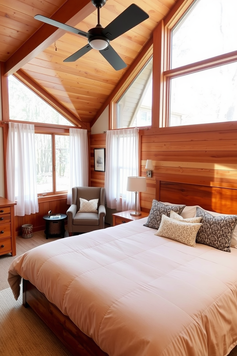 Warm wood accents create a cozy atmosphere in the in-law bedroom. The space features a plush queen-sized bed with a soft, neutral duvet and decorative pillows, complemented by a wooden headboard. Natural light floods the room through large windows, adorned with sheer curtains that enhance the warmth of the wood tones. A small reading nook with a comfortable armchair and a side table invites relaxation, while a wooden dresser adds functionality and charm.