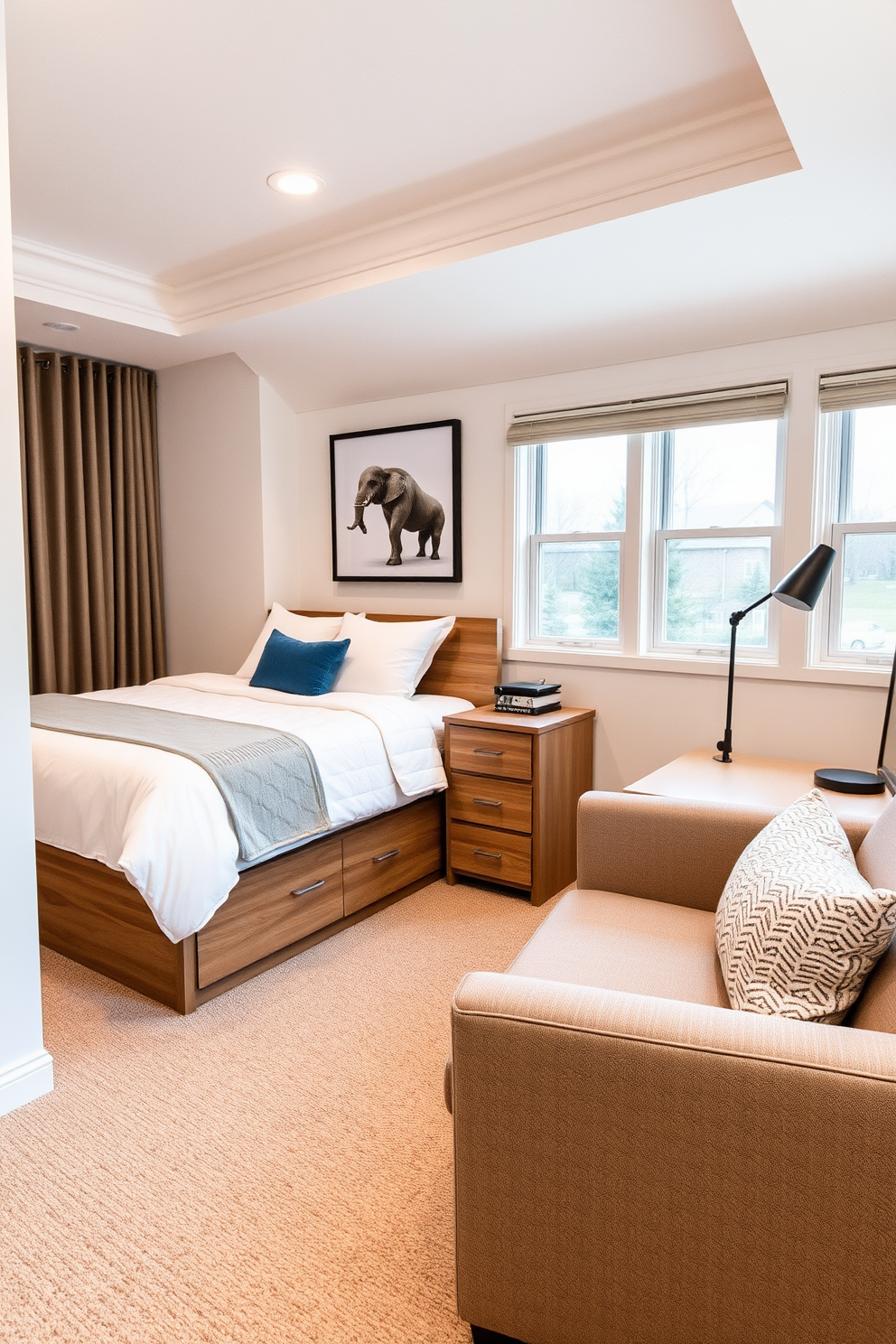 A cozy in-law bedroom featuring floor-to-ceiling curtains that provide ample privacy. The room is adorned with a plush queen-sized bed dressed in soft, neutral linens, complemented by elegant bedside tables and warm lighting.