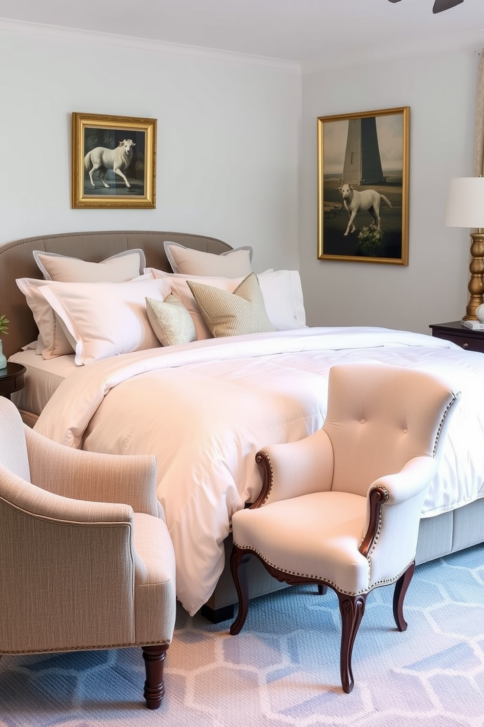 Soft bedding for a restful atmosphere. The bed features a plush duvet and an array of decorative pillows in calming pastel hues. In-Law bedroom design ideas focus on comfort and elegance. The room includes a cozy armchair in the corner, paired with a small side table for added functionality.