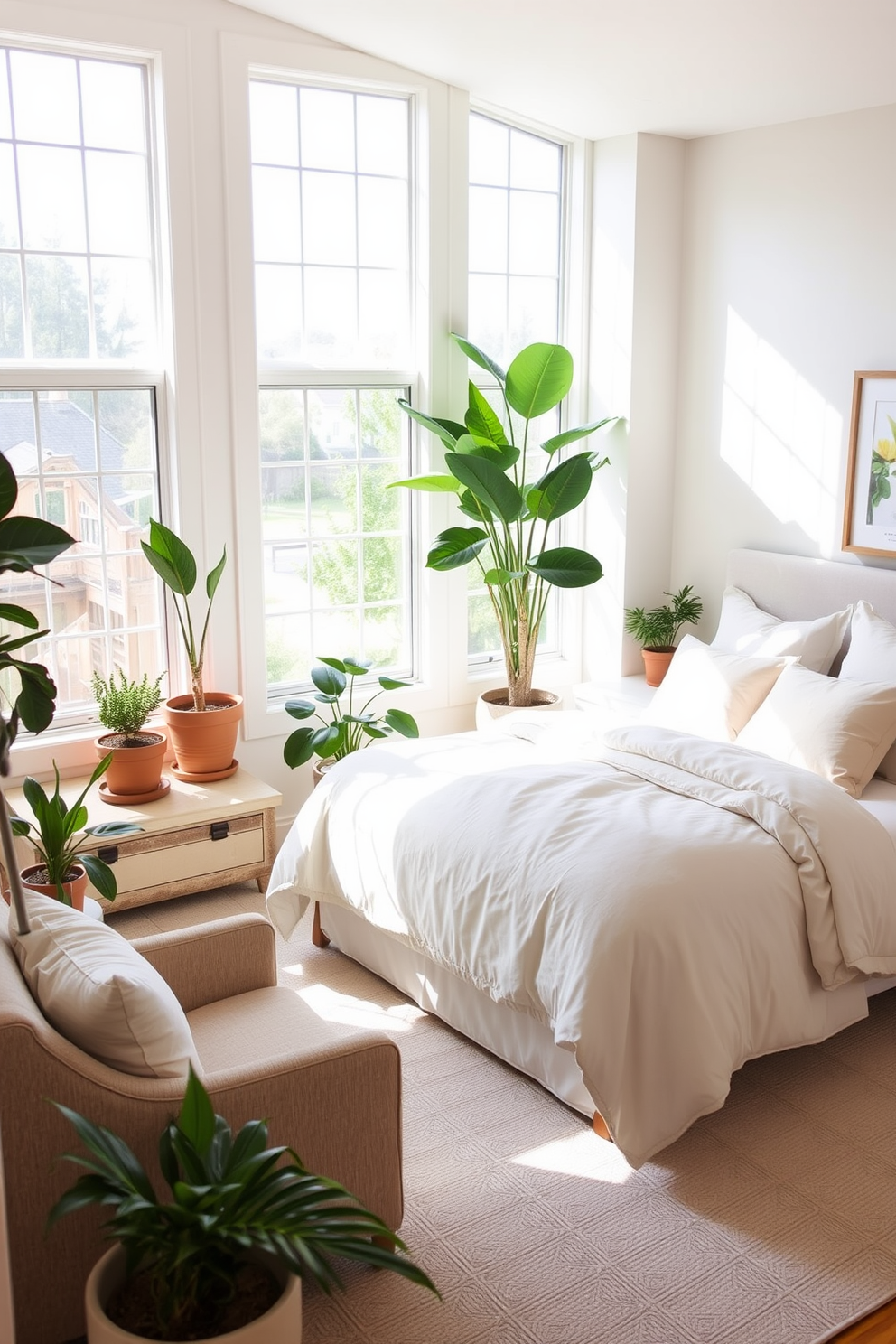 A bright and airy in-law bedroom featuring a cozy queen-sized bed with soft linens in neutral tones. Large windows allow natural light to flood the room, while indoor plants in terracotta pots are strategically placed to enhance the fresh vibe. The walls are painted a soft pastel color, creating a calming atmosphere. A small seating area with a comfortable armchair and a side table complements the design, making it an inviting space for guests.