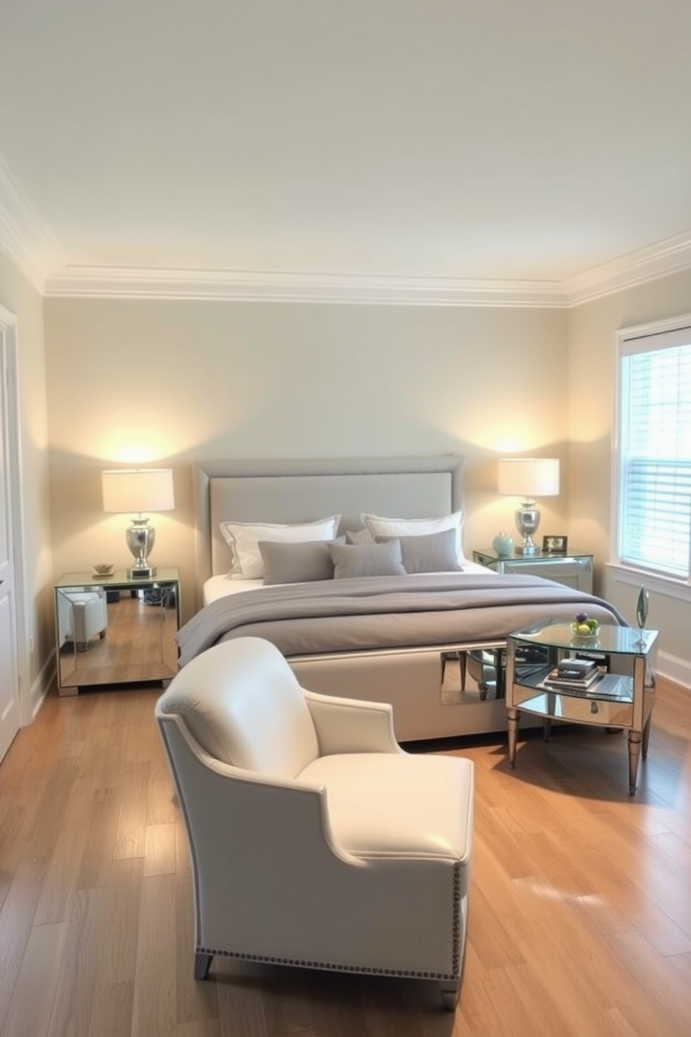 A serene in-law bedroom featuring mirrored furniture that enhances brightness and creates an illusion of space. The room includes a plush queen-sized bed with a soft gray duvet, flanked by mirrored nightstands with elegant lamps that emit a warm glow. The walls are painted in a soft beige hue, complementing the light hardwood flooring. A cozy seating area in the corner includes a mirrored accent chair and a small round table, perfect for morning coffee or reading.