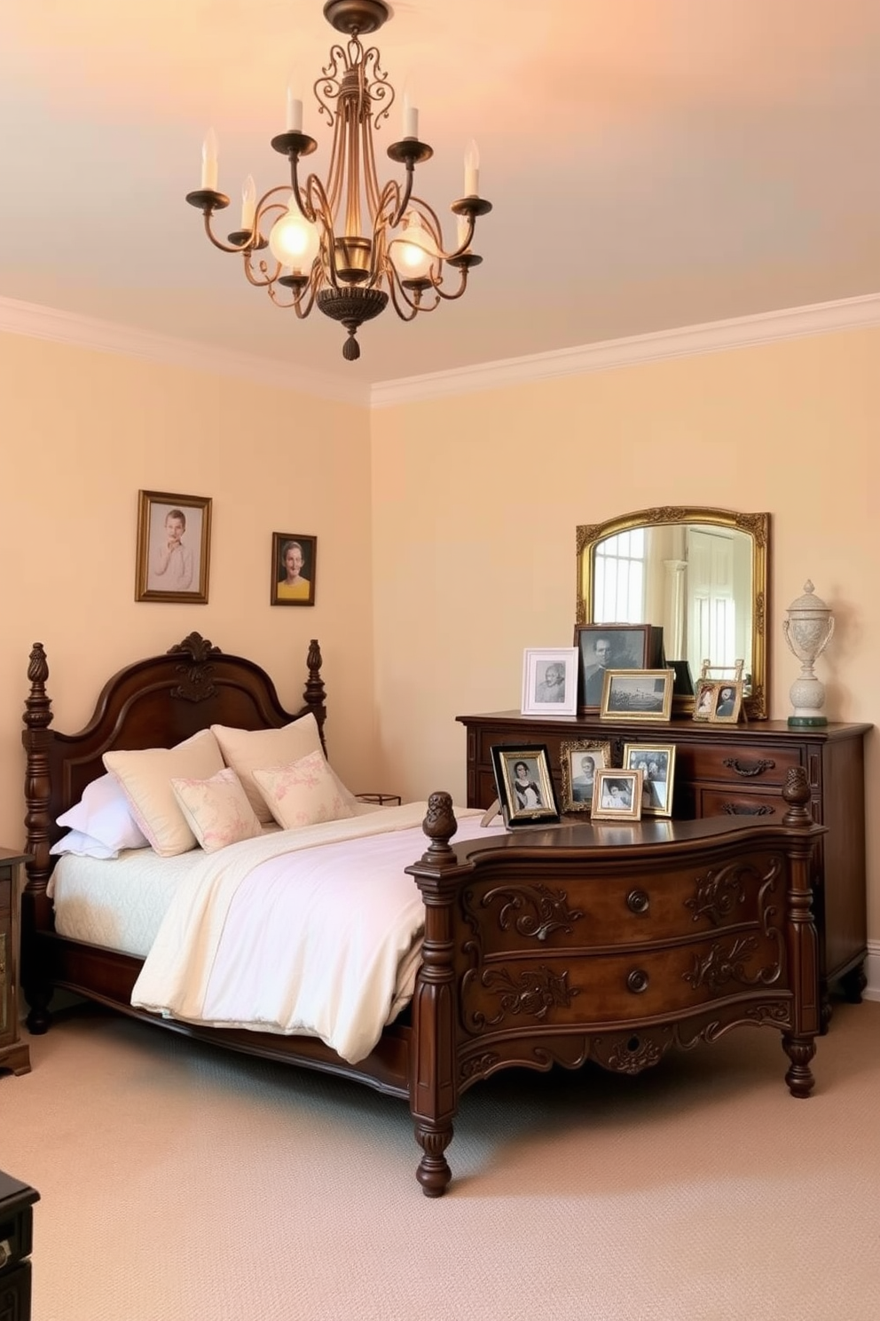 A cozy in-law bedroom featuring vintage decor that exudes a timeless charm. The room is adorned with an antique wooden bed frame, complemented by soft pastel bedding and an ornate chandelier hanging from the ceiling. The walls are painted in a warm cream color, enhancing the inviting atmosphere. A vintage dresser with intricate carvings sits opposite the bed, topped with family photos in mismatched frames for a personal touch.