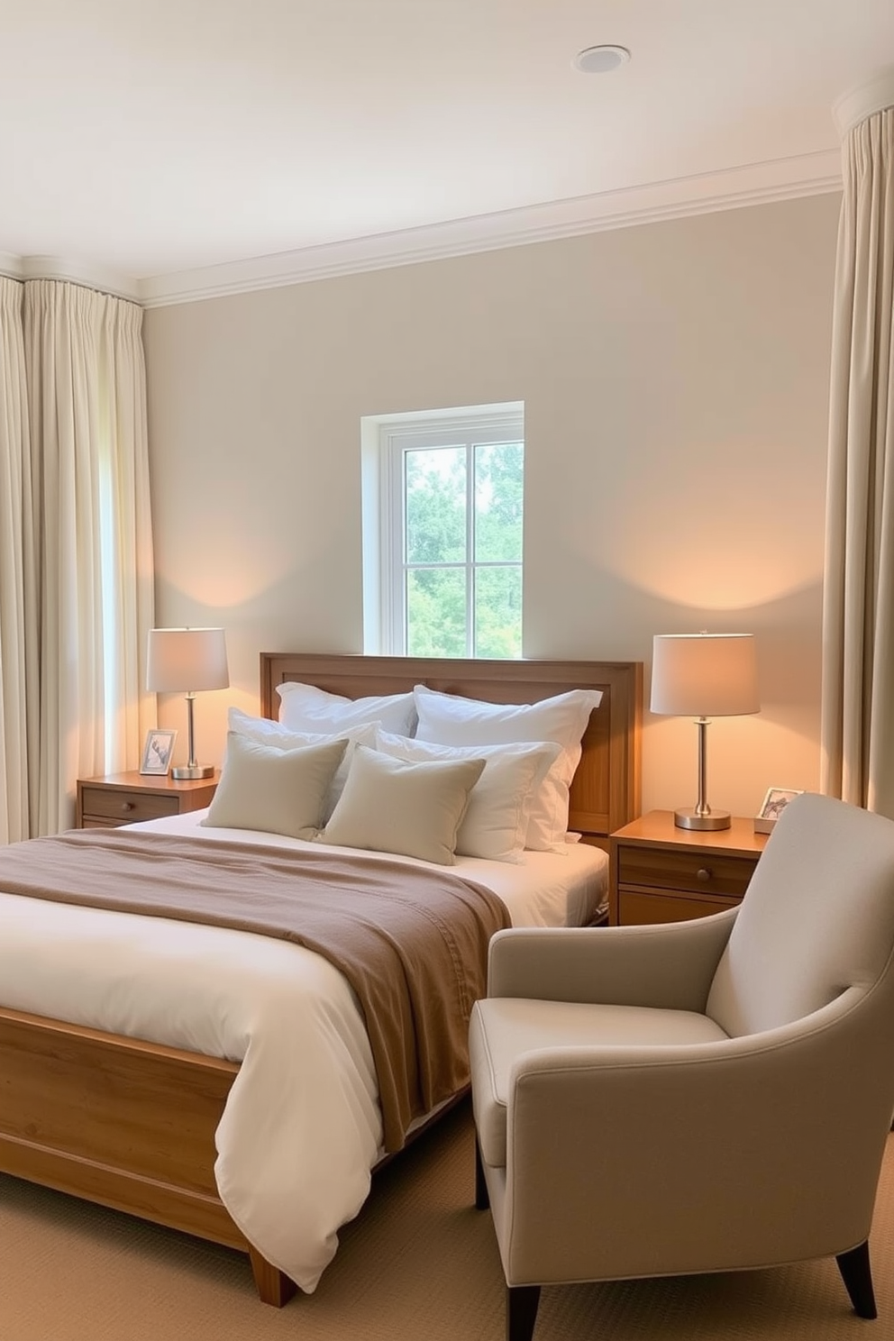 A serene in-law bedroom featuring a soft neutral color palette with beige walls and light cream curtains that gently filter natural light. The bedding consists of plush white linens layered with a taupe throw blanket, creating a cozy and inviting atmosphere. A stylish wooden bed frame is complemented by matching nightstands adorned with simple lamps that provide warm illumination. A comfortable armchair in a light gray fabric is positioned in the corner, offering a perfect reading nook.