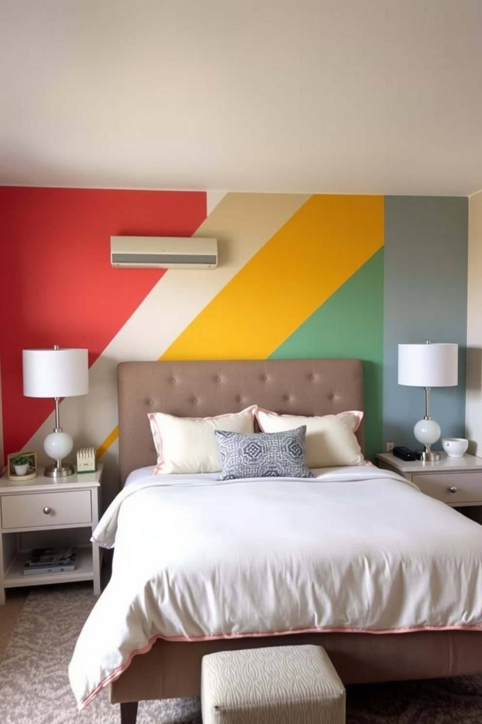 A cozy in-law bedroom featuring a colorful accent wall that adds visual interest. The room includes a comfortable queen-sized bed dressed in soft linens, with a stylish nightstand on each side adorned with modern lamps.