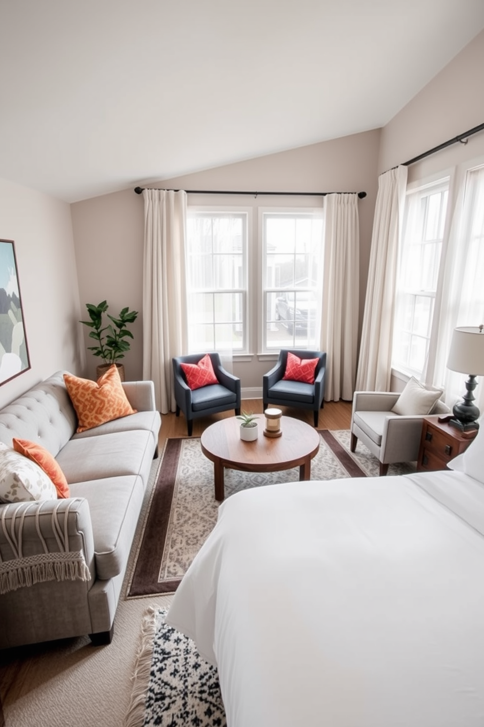 A cozy seating area for guests features a plush sectional sofa in a soft gray fabric, adorned with colorful throw pillows that add a touch of warmth. A round coffee table made of reclaimed wood sits in the center, surrounded by two accent chairs that invite conversation and relaxation. The In-Law bedroom design incorporates a queen-sized bed with a tufted headboard, dressed in crisp white linens and a soft throw blanket. Natural light floods the space through large windows, complemented by sheer curtains that create an airy atmosphere, while a small seating nook with a comfortable chair provides a perfect reading spot.