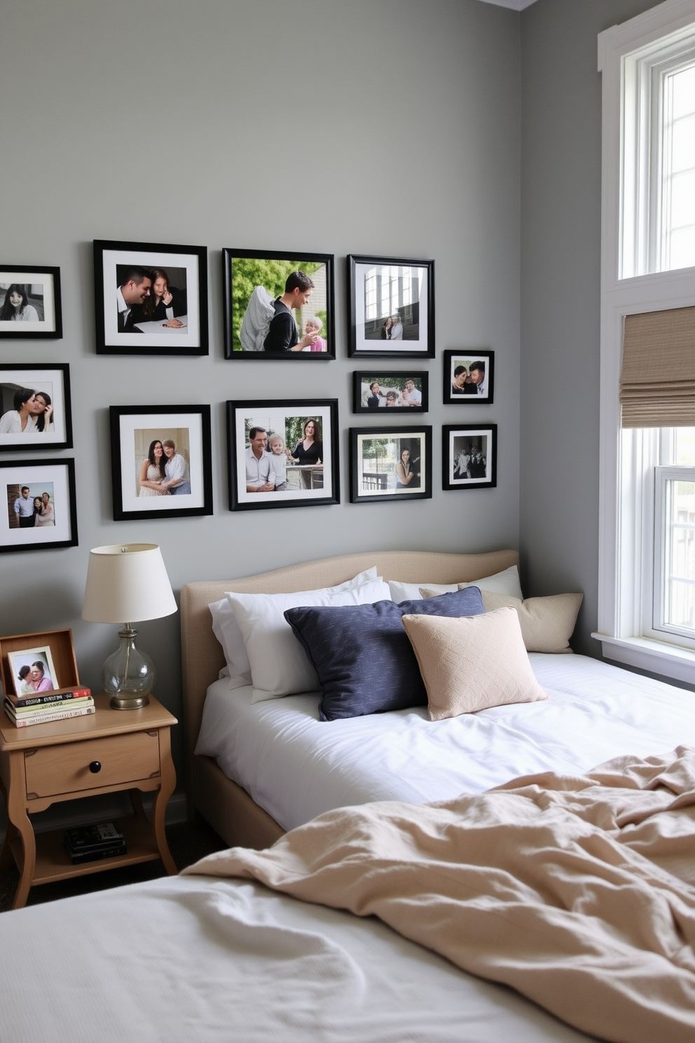 A personalized photo gallery wall featuring a mix of framed family photos and art pieces. The arrangement is asymmetrical, with varying frame sizes and colors, creating a warm and inviting atmosphere. The in-law bedroom design includes a cozy queen-sized bed with a plush headboard and soft bedding. A small seating area with a comfortable armchair and a side table is positioned near a window, allowing for natural light to fill the space.