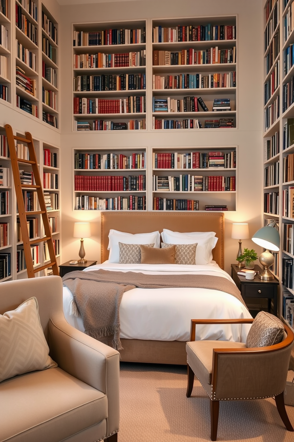 A cozy in-law bedroom featuring a stylish sofa bed that blends seamlessly with the decor. The walls are painted in soft neutral tones, and the bedding is adorned with elegant patterns. Next to the sofa bed, a small bedside table holds a decorative lamp and a few personal touches. Large windows allow natural light to flood the room, creating a warm and inviting atmosphere.