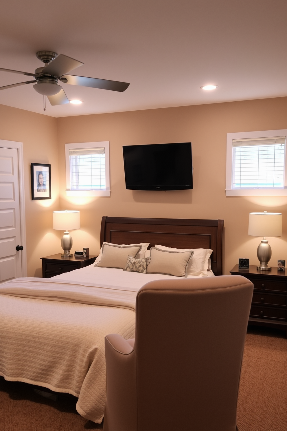 A cozy in-law bedroom features a plush bed adorned with soft throw blankets in neutral tones. Natural light filters through sheer curtains, creating a warm and inviting atmosphere.