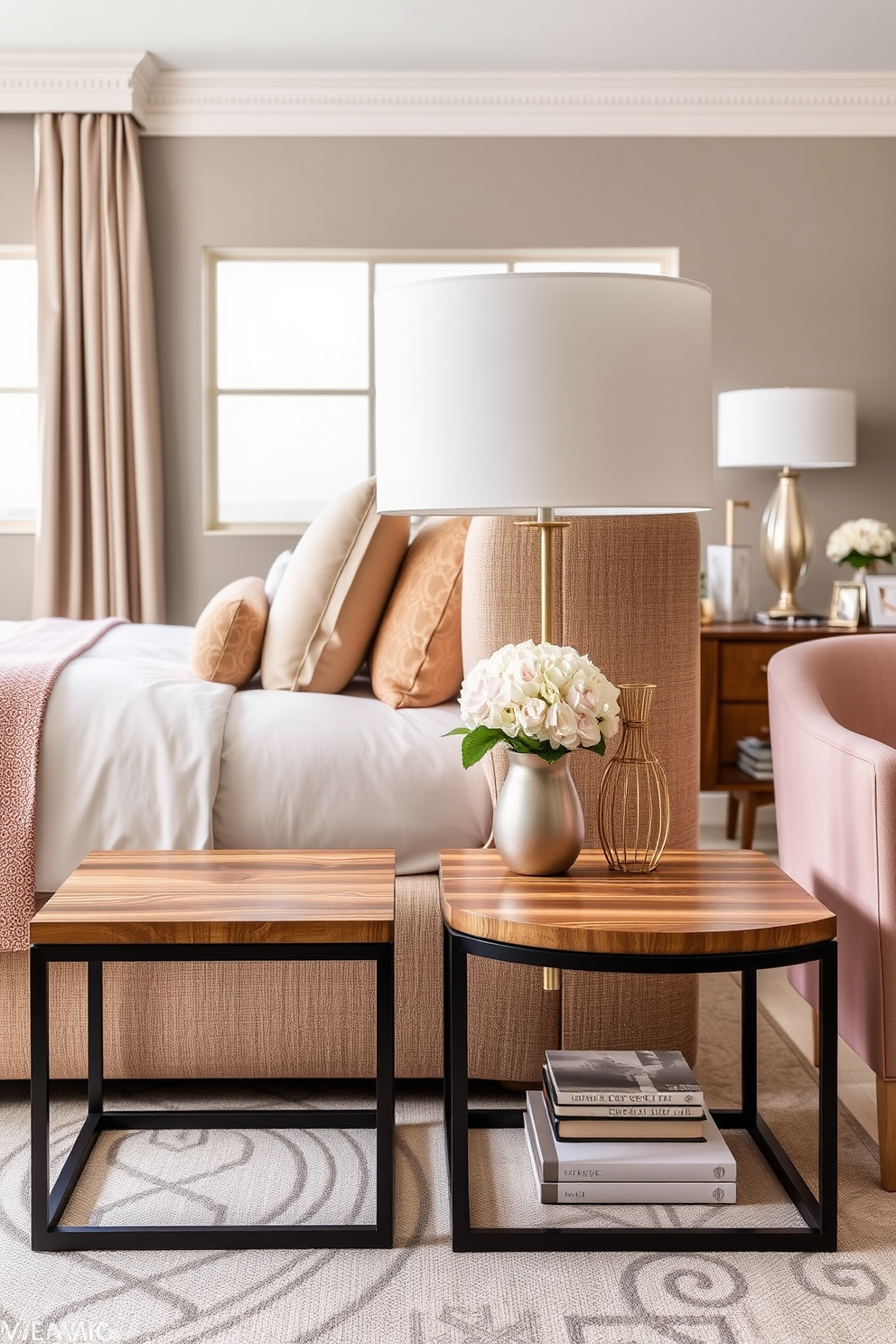 Chic side tables for functionality. Each table features a sleek design with a mix of wood and metal, providing both style and practicality. In-Law Bedroom Design Ideas. The room incorporates a soothing color palette with plush bedding and elegant furnishings, creating a welcoming atmosphere for guests.