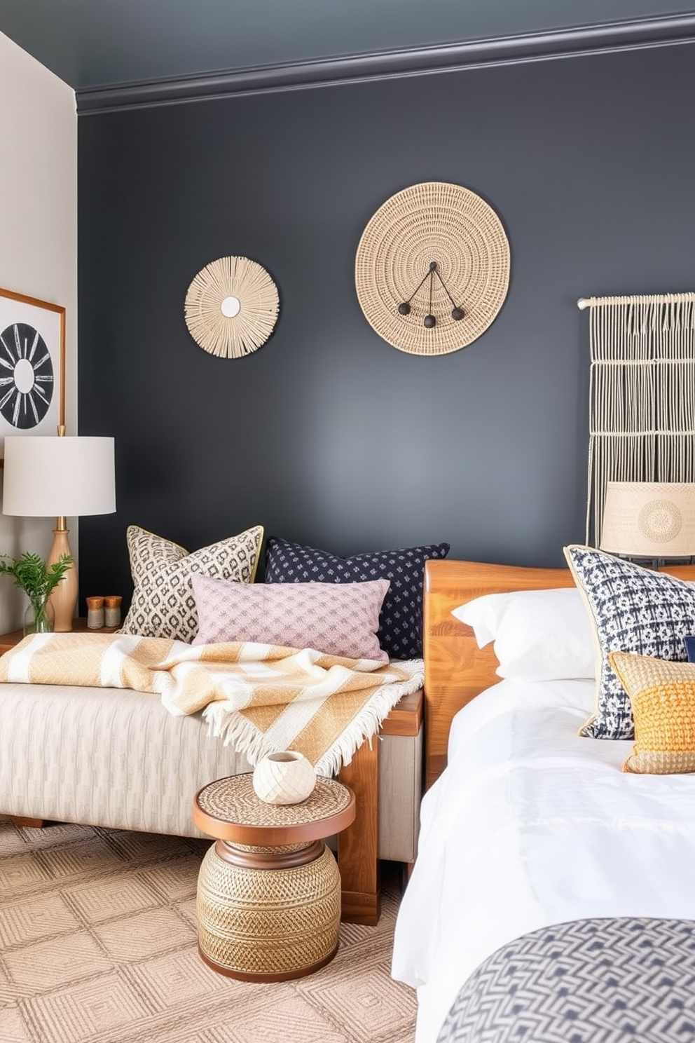 A cozy in-law bedroom features unique light fixtures that add character to the space. The room includes a stylish pendant light above the bed and decorative wall sconces that create a warm ambiance.