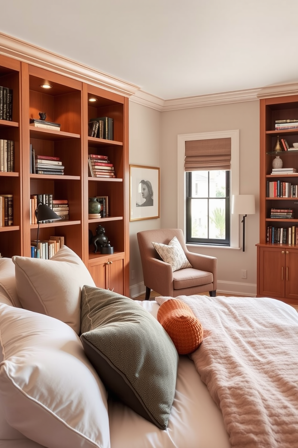 A cozy in-law bedroom featuring built-in shelving that elegantly displays books and decorative items. The shelves are made of warm wood, complementing the soft neutral tones of the room. The bed is dressed in plush linens with accent pillows that add a touch of color. A small reading nook is created by placing a comfortable chair next to the window, inviting relaxation and tranquility.