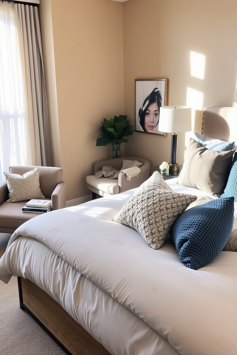 A cozy in-law bedroom featuring a plush bed with a soft duvet and an assortment of textured throw pillows in various shades of blue and gray. The walls are painted in a warm beige tone, and a stylish bedside table holds a modern lamp and a few decorative books. The room includes a comfortable armchair in the corner, perfect for reading, with a small side table to hold a cup of tea. Natural light streams in through sheer curtains, creating a welcoming and serene atmosphere.