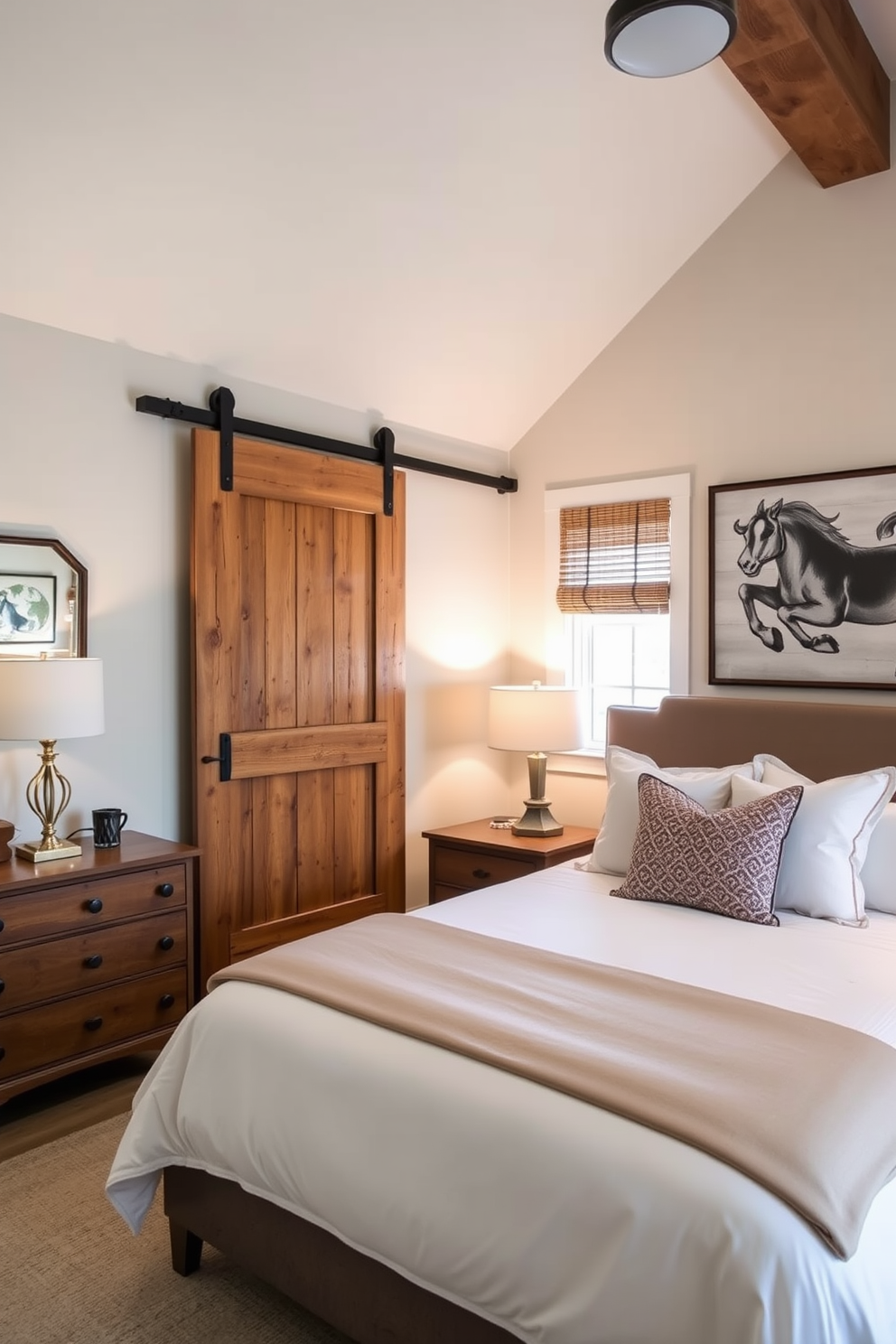 A cozy in-law bedroom features a sliding barn door that adds a rustic charm while ensuring privacy. The room is styled with a comfortable queen bed dressed in soft linens, complemented by a pair of bedside tables with elegant lamps.