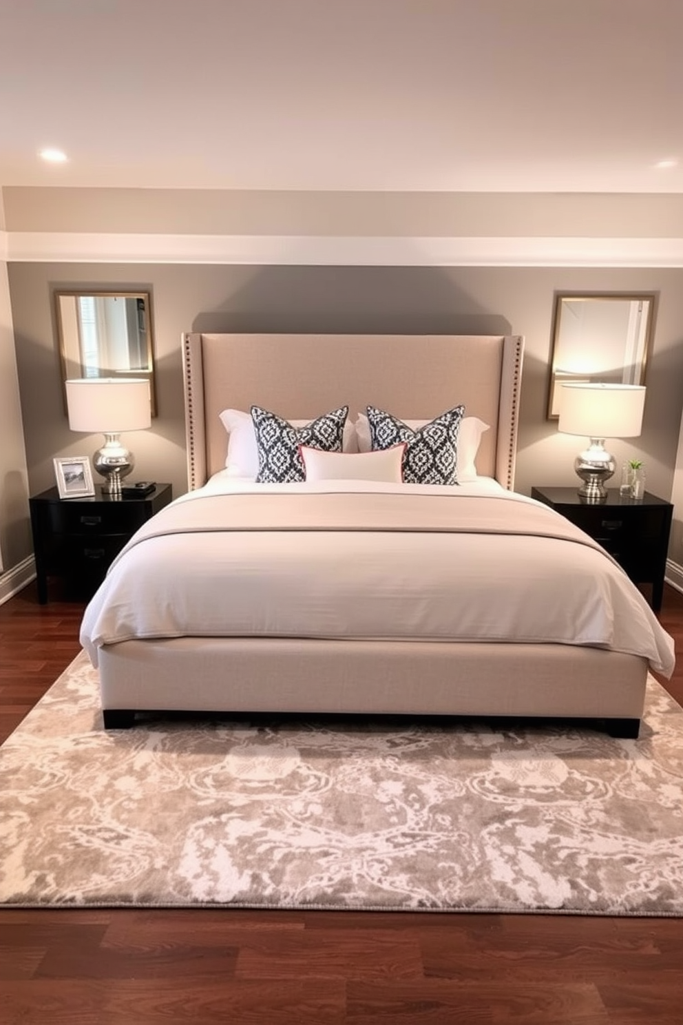 A stylish area rug lies at the center of the in-law bedroom, featuring a geometric pattern that complements the surrounding decor. The rug adds warmth and texture, creating a cozy atmosphere while visually defining the space. In-law bedroom design ideas include a comfortable queen-sized bed with a plush headboard, flanked by elegant nightstands. Soft lighting from bedside lamps enhances the inviting ambiance, while a neutral color palette promotes relaxation.