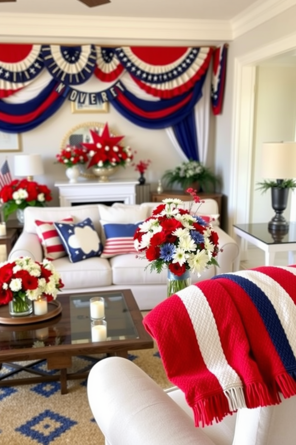 A cozy living room adorned with a stylish sofa featuring star-shaped decorative pillows in red, white, and blue. The walls are painted in a soft cream, and a festive garland hangs above the mantel, celebrating Independence Day. A coffee table in the center holds a collection of patriotic-themed books and a small potted plant. The room is illuminated by warm lighting, creating an inviting atmosphere perfect for holiday gatherings.