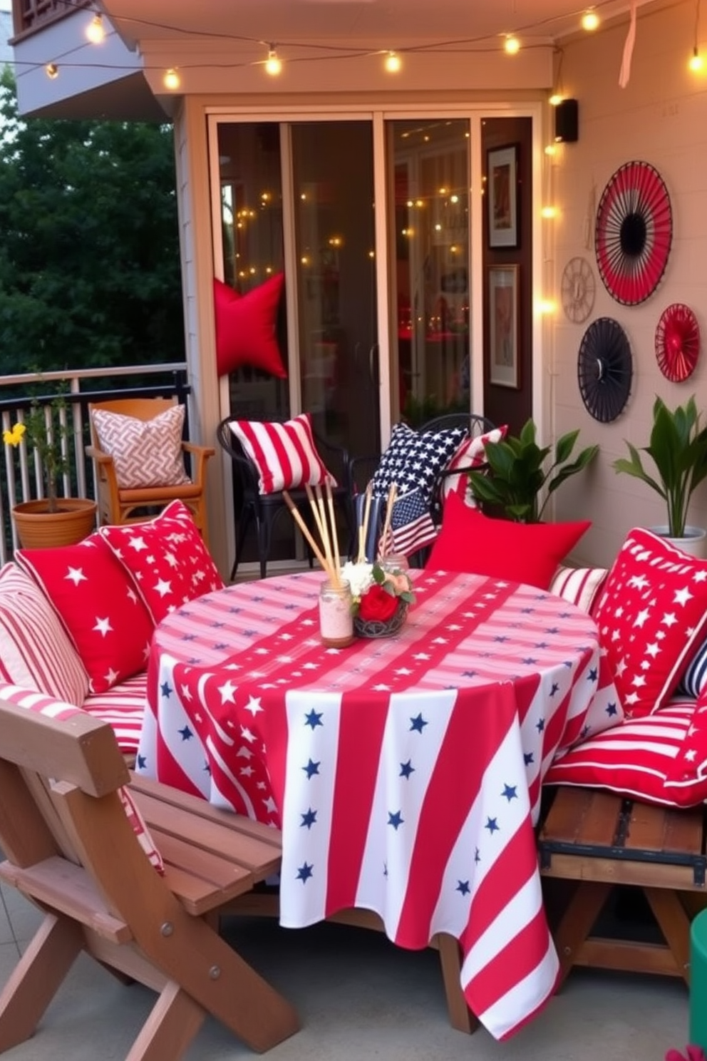 A festive picnic setting featuring a table adorned with a stars and stripes tablecloth. Surrounding the table are colorful cushions and a rustic wooden bench, creating a welcoming atmosphere for Independence Day celebrations. The apartment is decorated with red, white, and blue accents, including throw pillows and wall art. String lights are draped across the balcony, adding a warm glow to the festive ambiance.