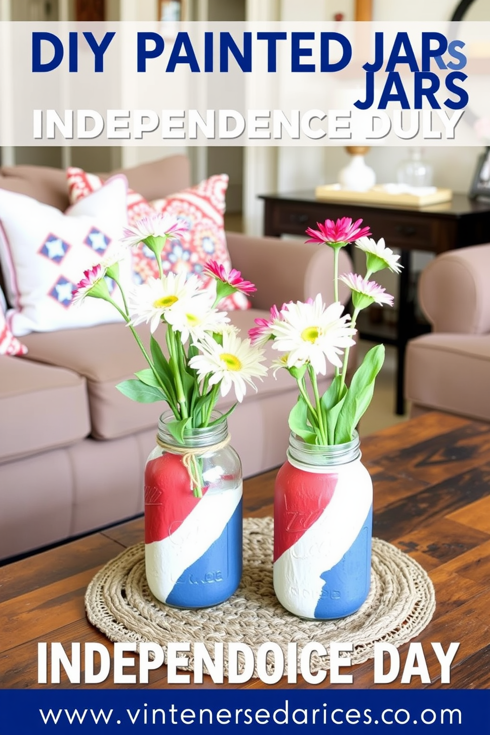 Create a vibrant living room setting adorned with patriotic flower arrangements in various vases. The space features a cozy sofa draped in red white and blue throw pillows and a coffee table decorated with small American flags and seasonal decor. Incorporate a festive centerpiece on the dining table showcasing a large vase filled with red white and blue flowers. The walls are adorned with subtle patriotic artwork and twinkling string lights for a celebratory atmosphere.