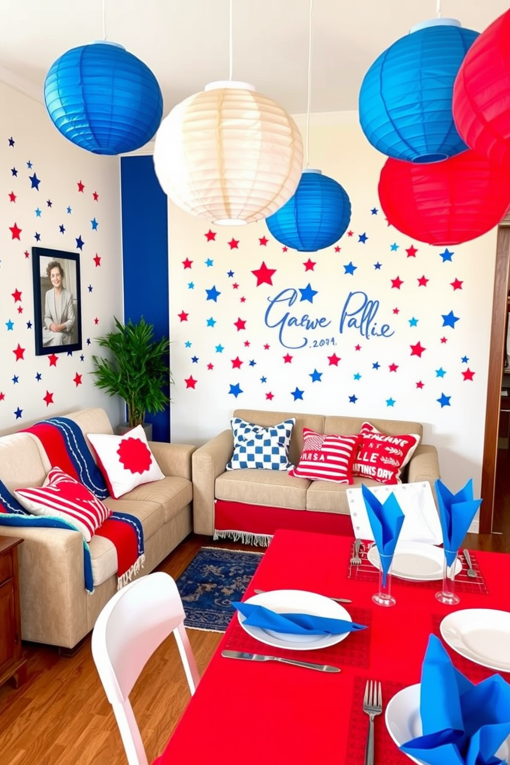 A vibrant living room adorned with Independence Day themed wall decals showcasing stars and stripes in red white and blue. The space features a cozy sofa draped with a patriotic throw blanket and decorative cushions that celebrate the spirit of the holiday. The dining area is enhanced with a festive table setting including a red tablecloth and white plates accented with blue napkins. Hanging from the ceiling are paper lanterns in the colors of the flag creating a cheerful atmosphere for celebrating Independence Day.