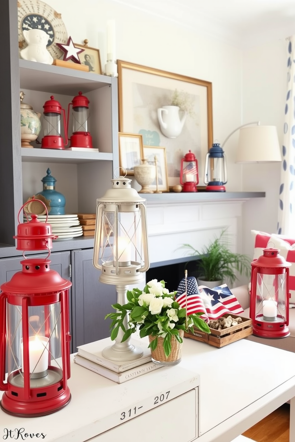 Create a cozy apartment living space adorned with vintage lanterns in red white and blue. The lanterns are strategically placed on shelves and tables to enhance the festive atmosphere for Independence Day celebrations.