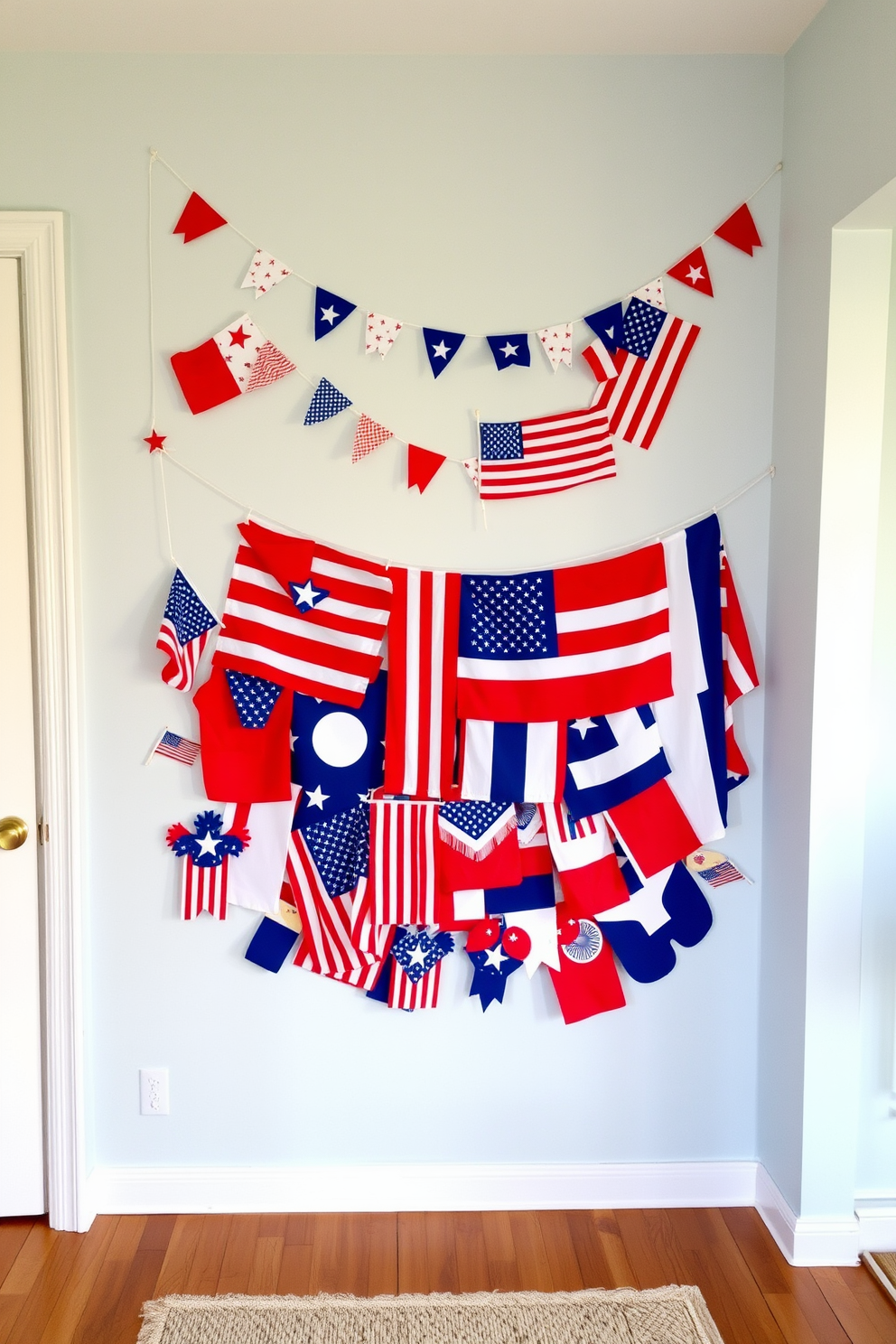 Create a vibrant photo wall featuring a collection of flags to celebrate Independence Day. The wall is adorned with a mix of small and large flags in red, white, and blue, creating a festive atmosphere in the apartment.