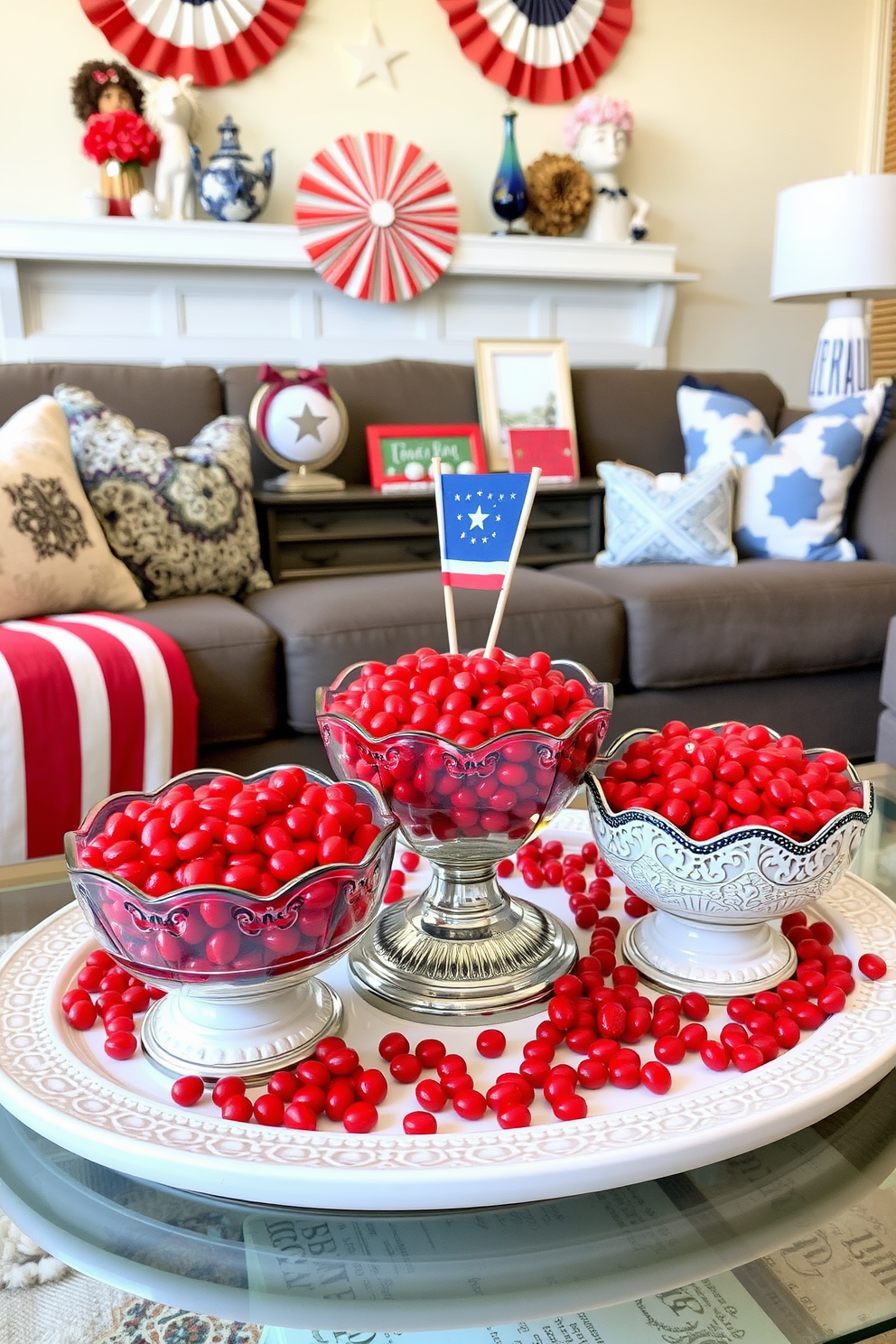 A festive living room setting featuring decorative bowls filled with vibrant red candies. The bowls are artfully arranged on a coffee table, surrounded by themed decor celebrating Independence Day.