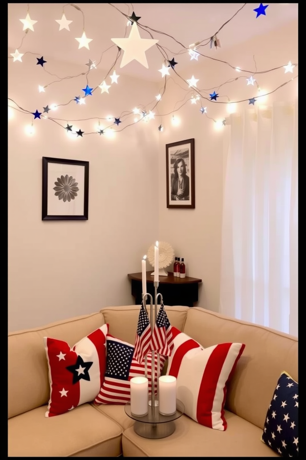 A vibrant living room adorned with red white and blue themed wall decals celebrating Independence Day. The walls feature large stars and stripes decals, creating a festive atmosphere that complements the patriotic decor. A cozy seating area includes a navy blue sofa with red and white throw pillows. A coffee table is topped with a small American flag and a bowl of red white and blue decorative accents.