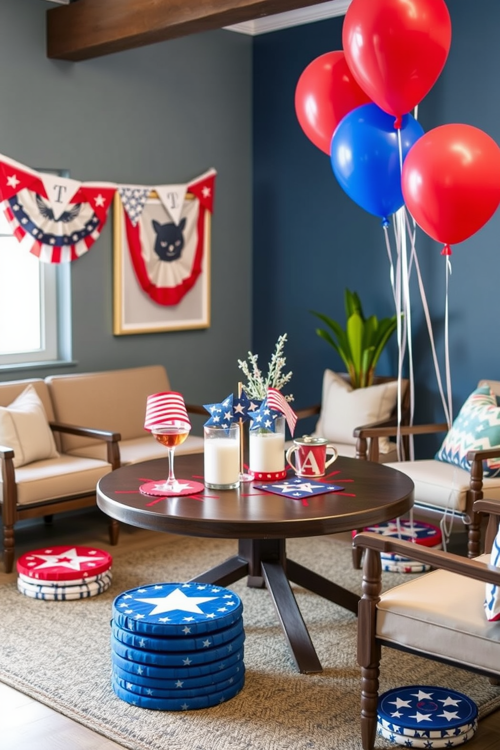 Create a set of patriotic themed coasters for drinks featuring red white and blue colors with stars and stripes designs. Each coaster should be made of durable material suitable for both hot and cold beverages. Design an inviting apartment space decorated for Independence Day with festive elements like banners and balloons. Incorporate cozy seating arrangements and a table adorned with themed decorations for a celebratory atmosphere.