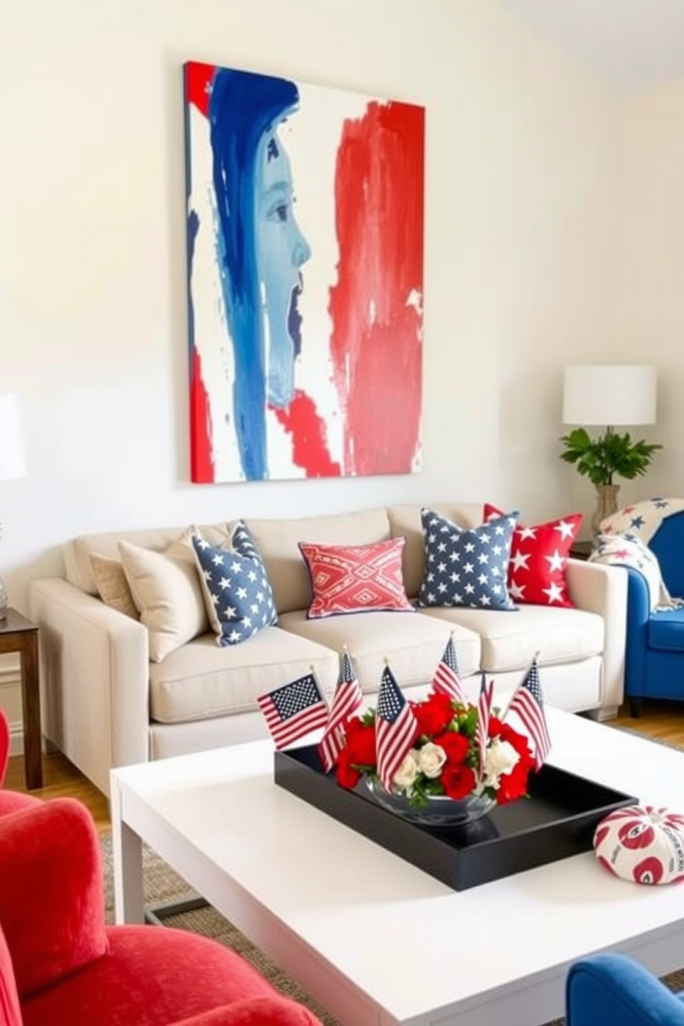 A vibrant living room decorated for Independence Day features a large canvas with red white and blue abstract artwork hanging above a modern sofa. The coffee table is adorned with patriotic-themed decor such as small flags and a centerpiece of fresh flowers in red and white hues. In one corner, a cozy reading nook is set up with a blue armchair and a throw blanket in a star pattern. The walls are painted in a light neutral tone to enhance the festive colors of the decorations.