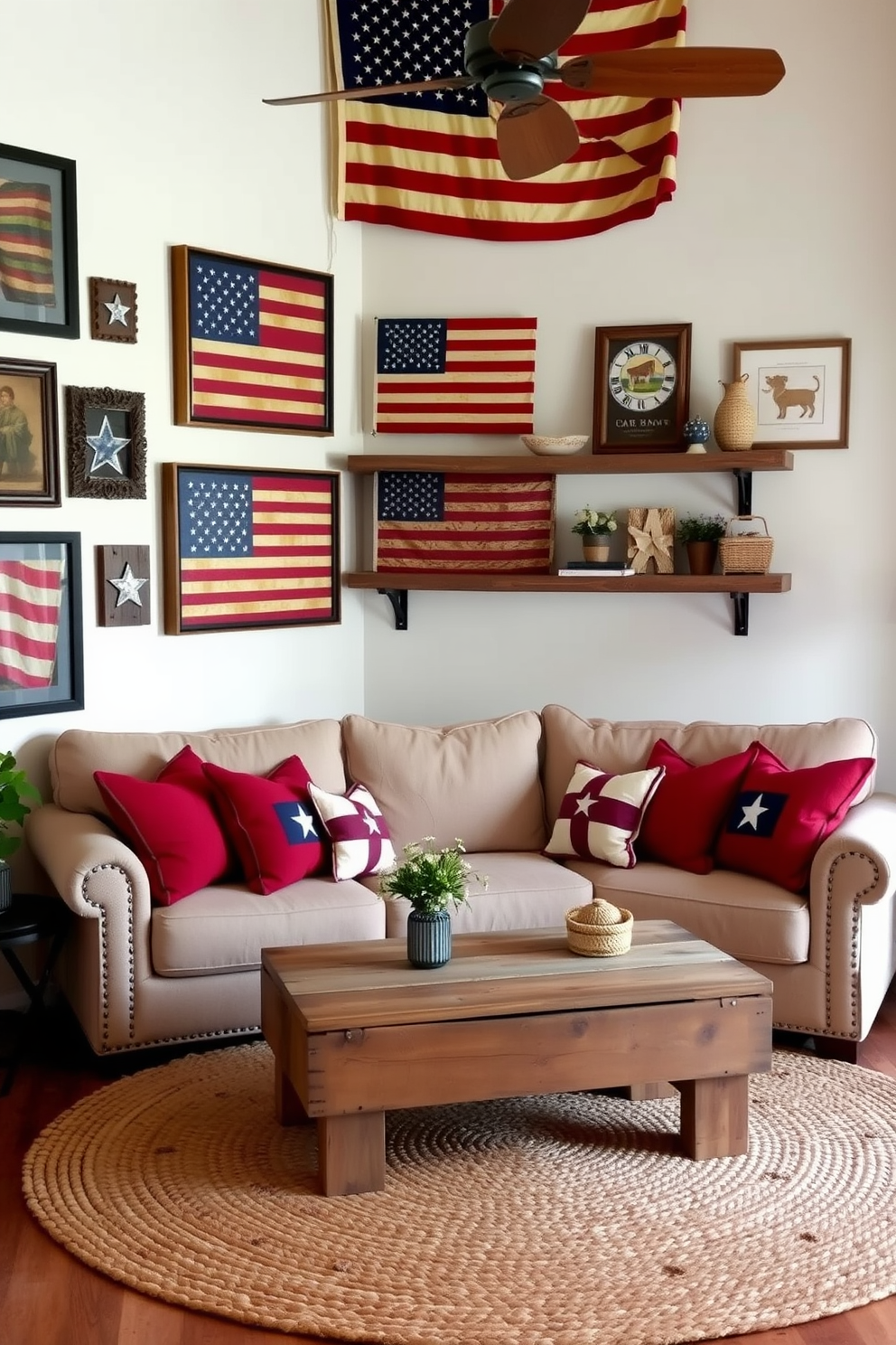 Create a cozy living room featuring vintage American flags as wall art. The walls are adorned with a collection of framed flags in various sizes, complemented by rustic wooden shelves displaying patriotic decor. Incorporate a comfortable sofa in a neutral fabric, accented with red and blue throw pillows. A coffee table made of reclaimed wood sits in the center, surrounded by a woven area rug that adds warmth to the space.