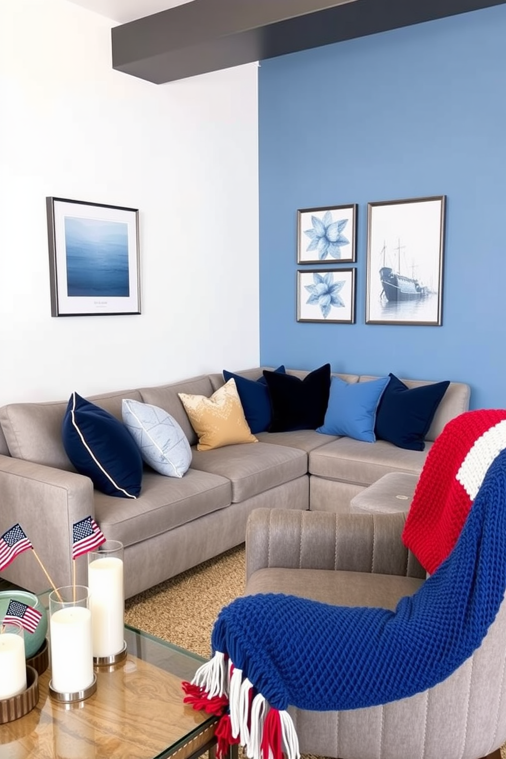 Cushions in varying shades of blue are scattered across a modern sectional sofa, creating a vibrant and inviting atmosphere. The walls are adorned with subtle patriotic artwork, enhancing the festive spirit of Independence Day. A cozy reading nook features a plush armchair draped with a knitted throw in red, white, and blue hues. The coffee table holds a decorative arrangement of candles and small flags, adding a charming touch to the apartment decor.