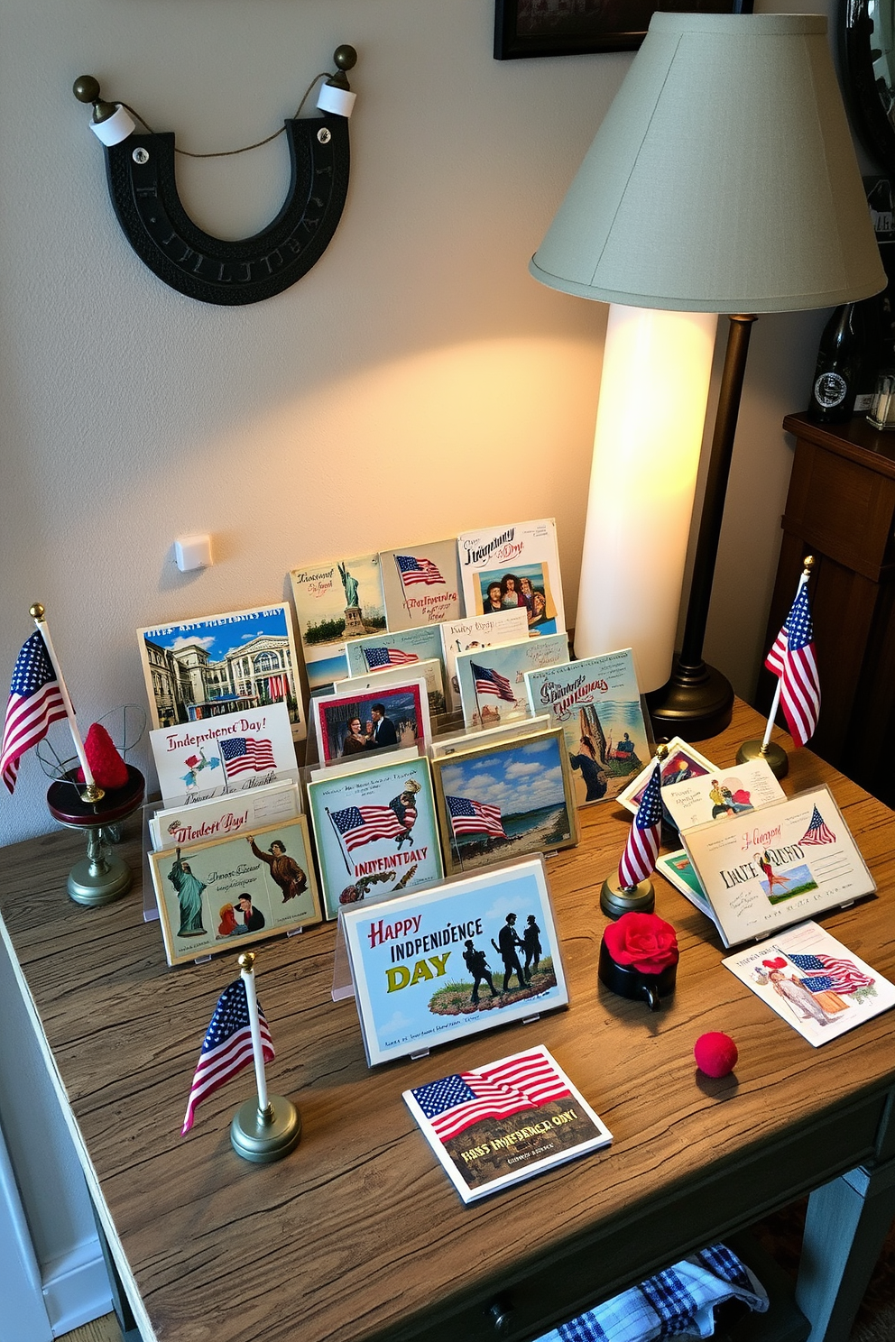 A charming display of vintage postcards celebrating Independence Day is arranged on a rustic wooden table. The postcards are varied in size and design, featuring iconic American symbols and patriotic colors that evoke a sense of nostalgia and festivity. Surrounding the table, decorative elements such as small American flags and red, white, and blue accents enhance the festive atmosphere. Soft lighting from a nearby lamp casts a warm glow, inviting guests to admire the collection and appreciate the holiday spirit.