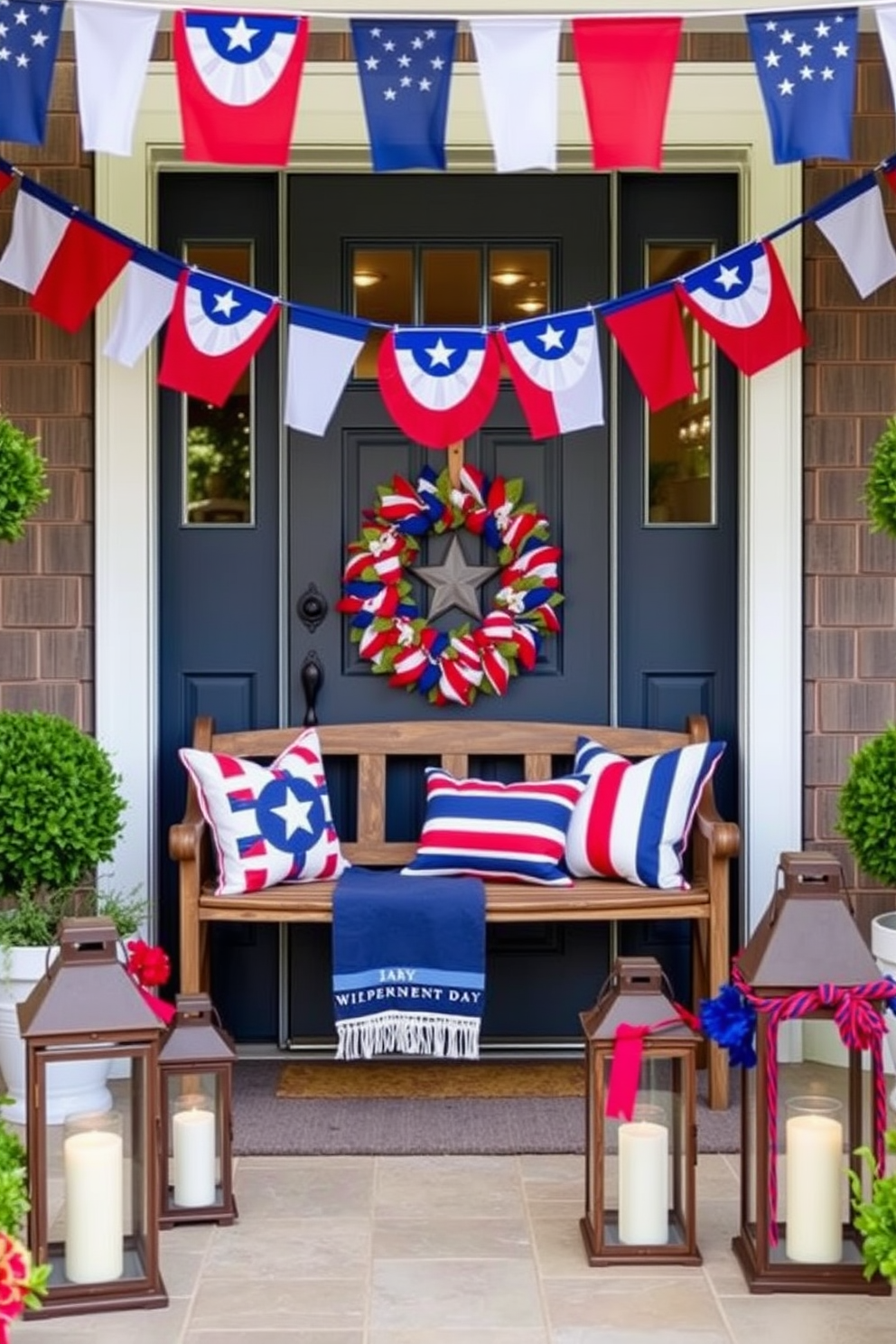 A vibrant canvas displays an explosion of colors representing fireworks in red, white, and blue. The artwork is framed and hung prominently in a stylish living room, enhancing the festive atmosphere of Independence Day. The apartment is adorned with patriotic decorations, including themed throw pillows and table runners. Subtle lighting highlights the festive decor, creating a warm and inviting space for celebrating the holiday.