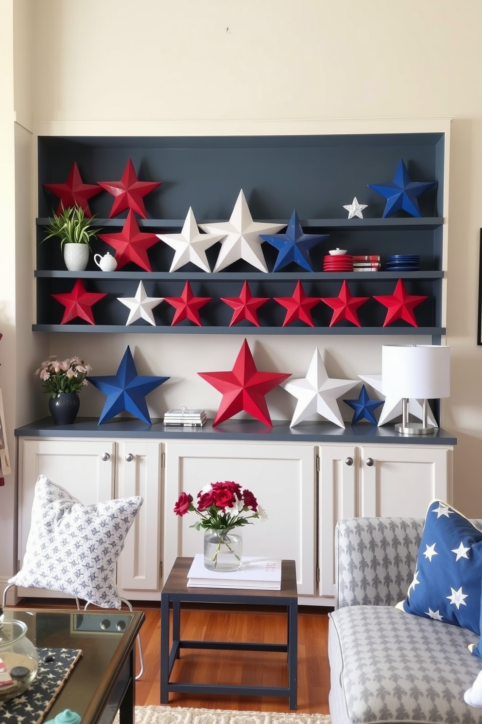 A cozy apartment living room decorated for Independence Day. Shelves adorned with painted wooden stars in red, white, and blue create a festive atmosphere.