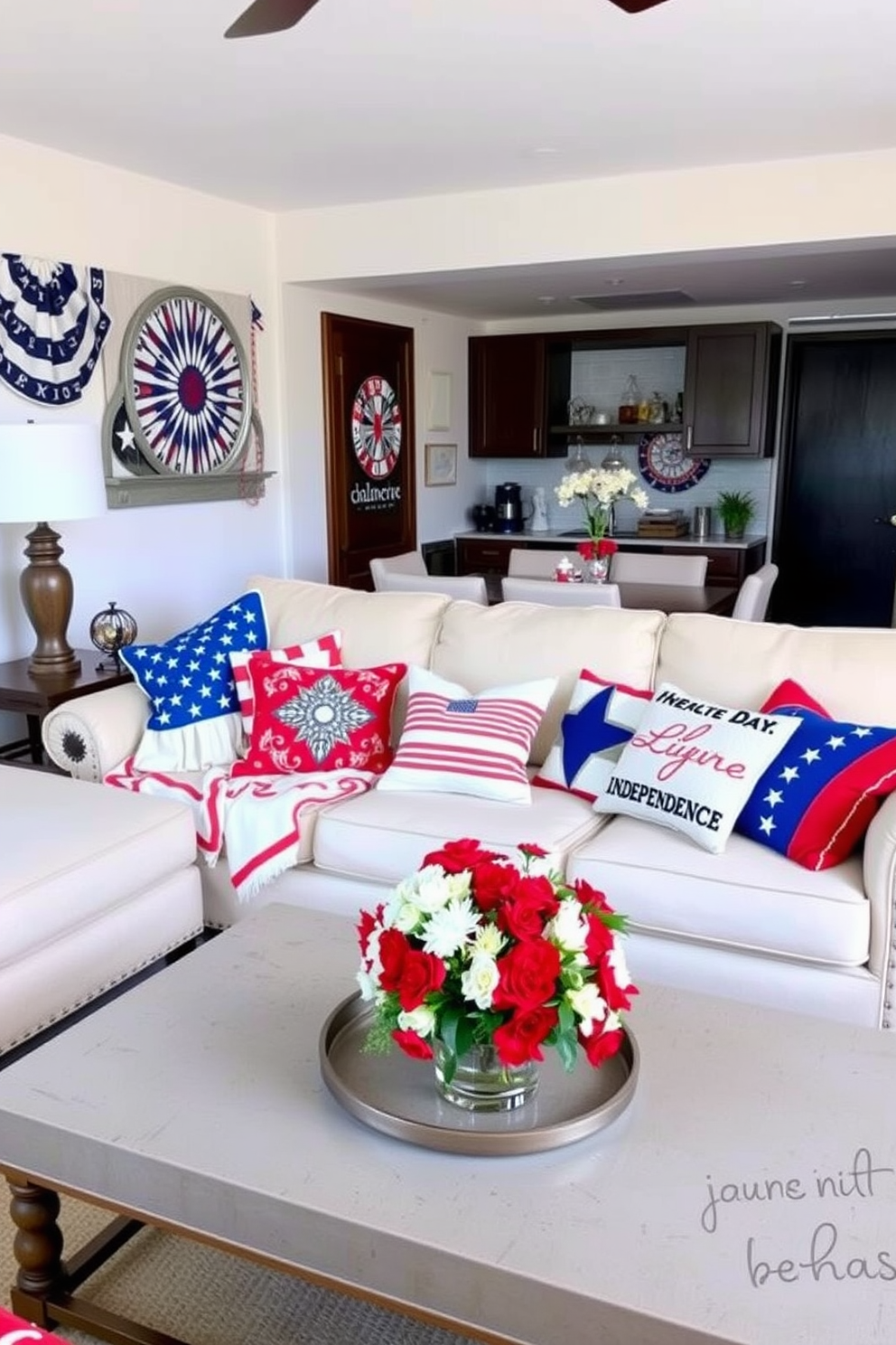 A cozy living room adorned with Independence Day themed throw blankets. The blankets feature vibrant red, white, and blue patterns, draped over a plush cream sofa, creating a festive atmosphere. An inviting apartment decorated for Independence Day celebrations. The space includes star-spangled banners and patriotic cushions, with a centerpiece of fresh flowers in red and white hues on the coffee table.