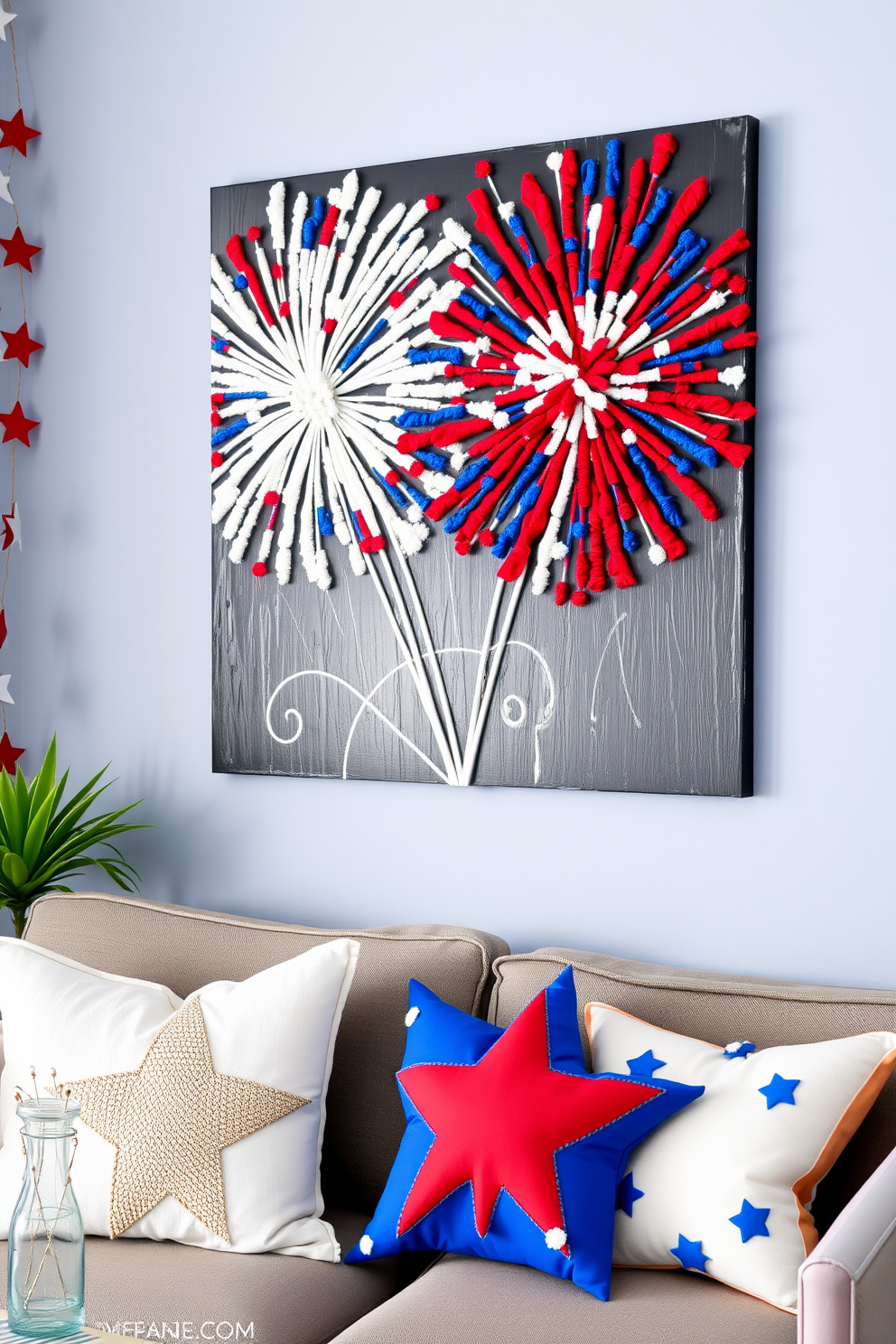 Create a vibrant DIY fireworks art piece for wall decor that captures the spirit of Independence Day. Use bold colors like red blue and white to represent the American flag and incorporate various textures for added depth. Design an inviting apartment space that celebrates the holiday with festive decorations. Include elements like star-shaped garlands and themed throw pillows to create a cheerful atmosphere.